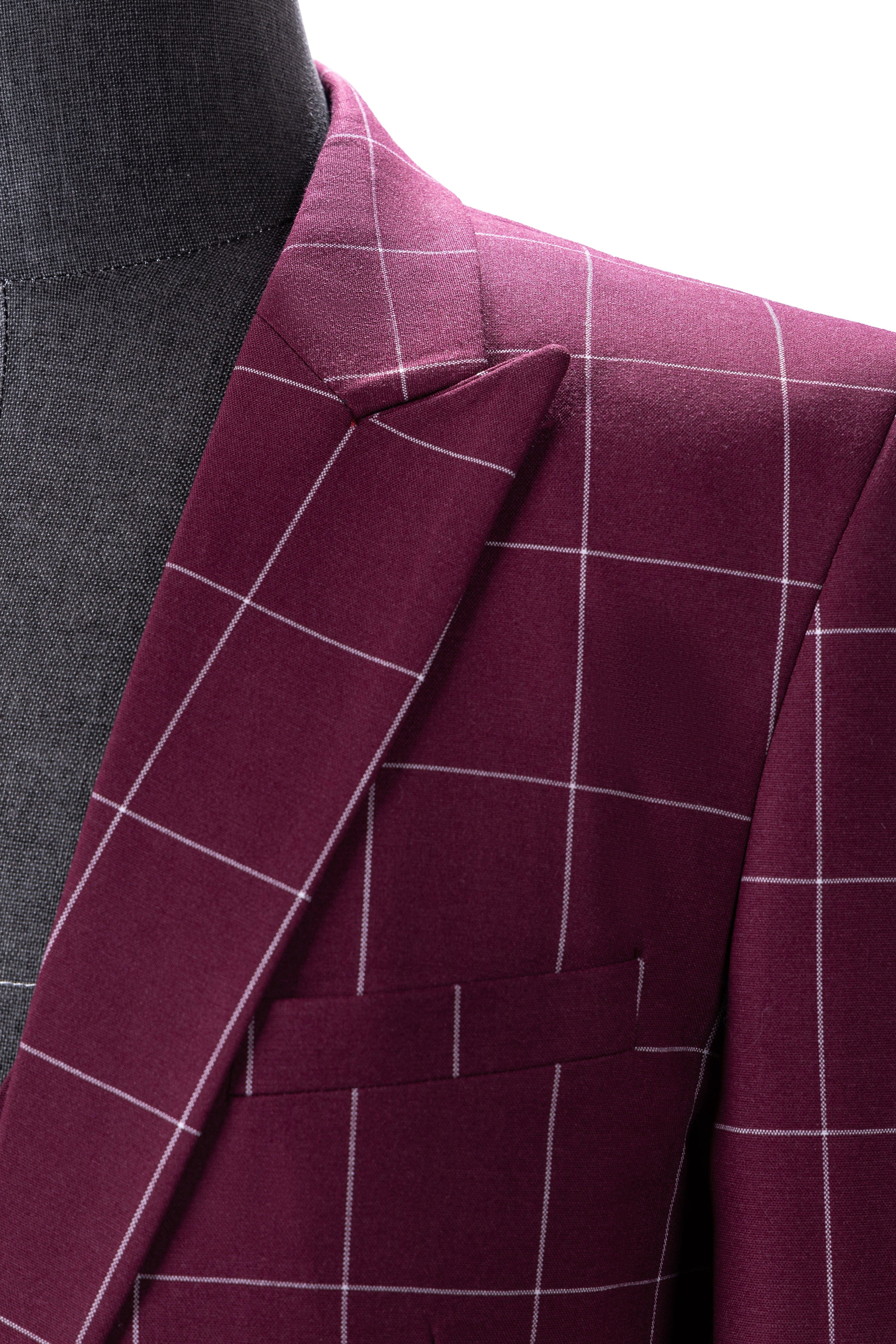aesido Men's 3-Piece Burgundy Plaid Suit (Blazer+Vest+Pants)