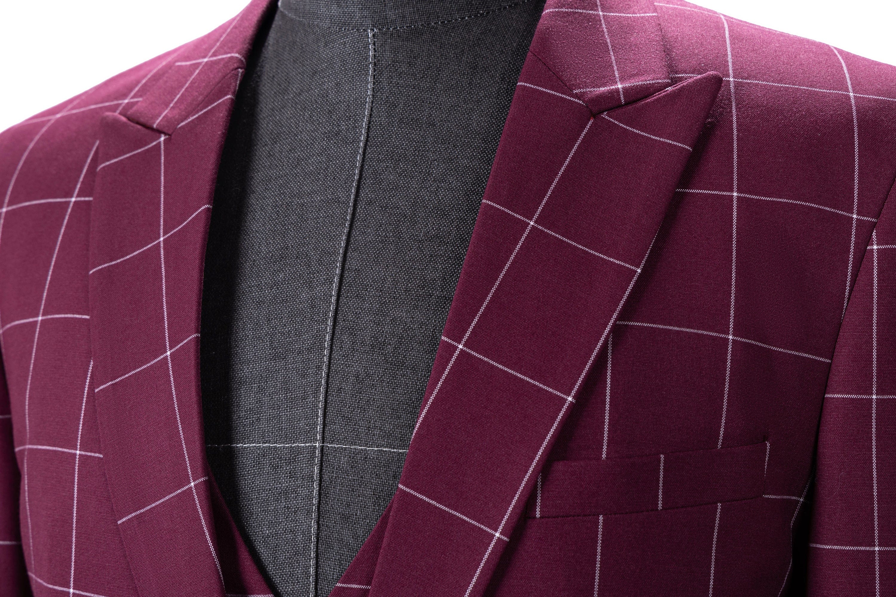 aesido Men's 3-Piece Burgundy Plaid Suit (Blazer+Vest+Pants)