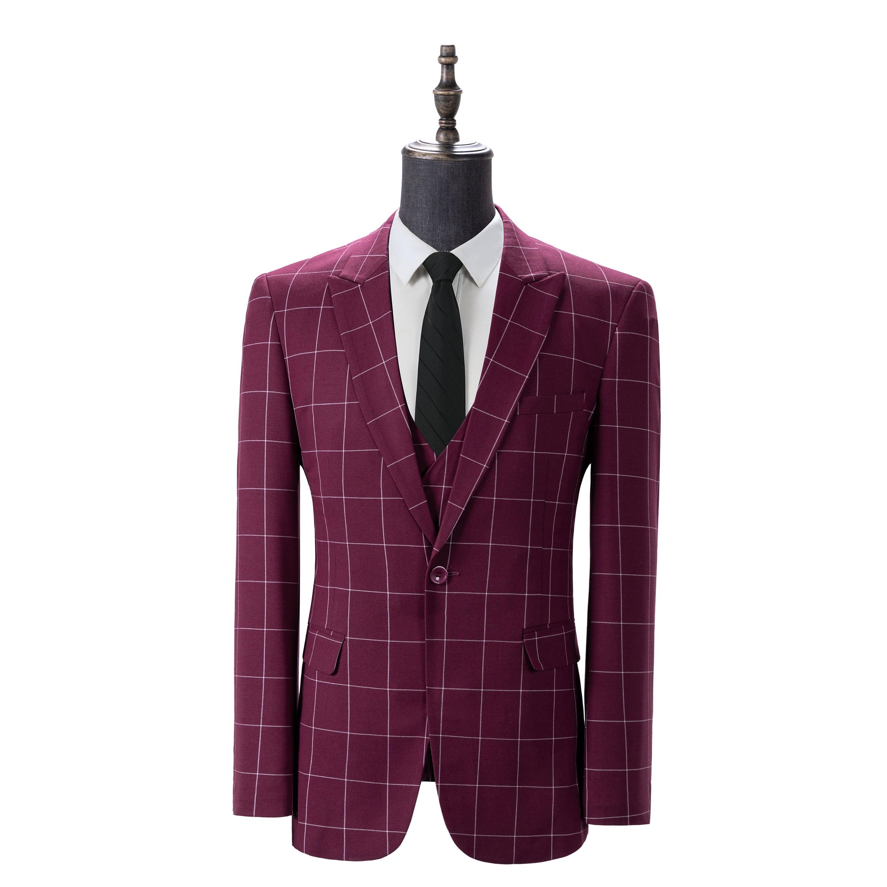 aesido Men's 3-Piece Burgundy Plaid Suit (Blazer+Vest+Pants)