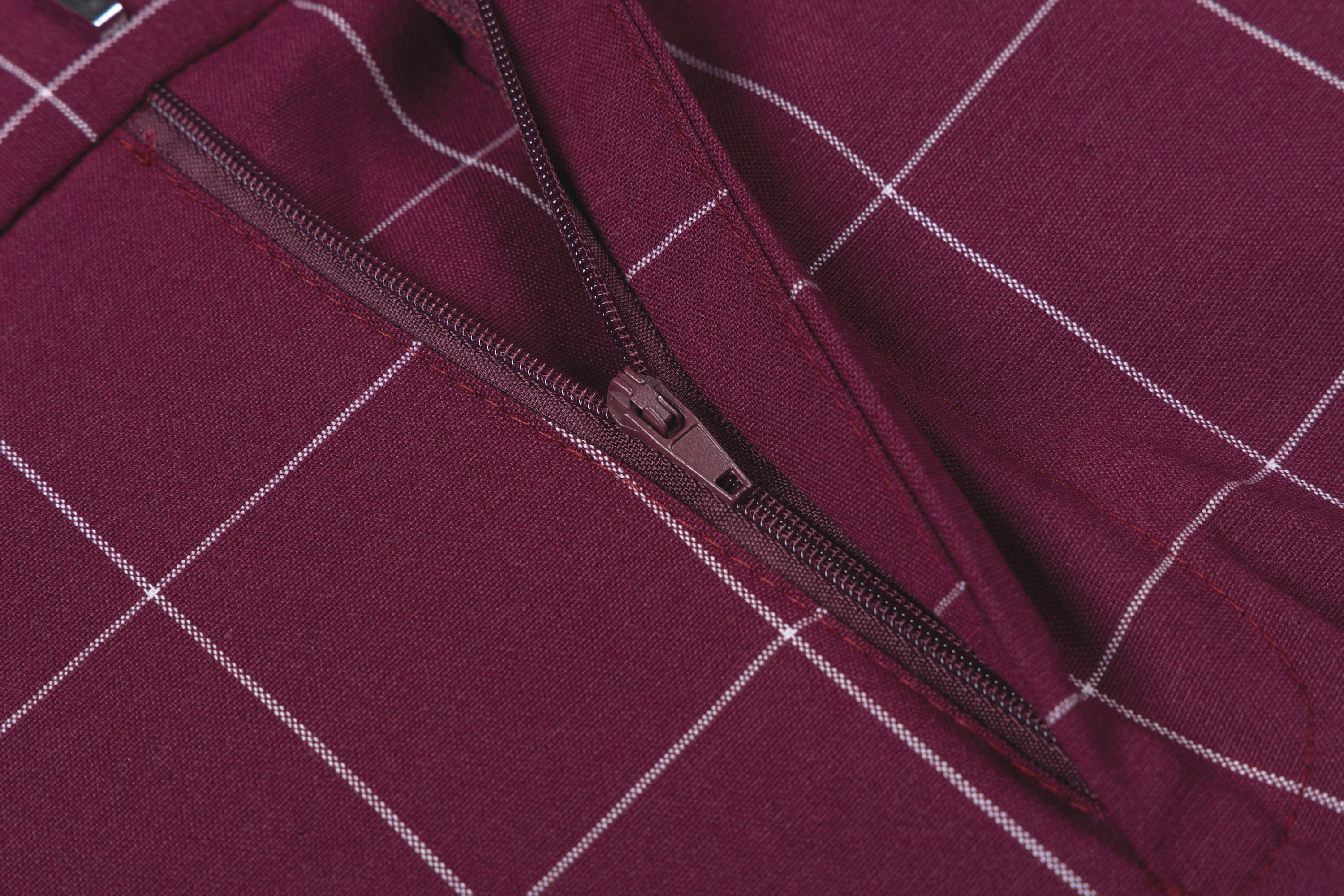 aesido Men's 3-Piece Burgundy Plaid Suit (Blazer+Vest+Pants)