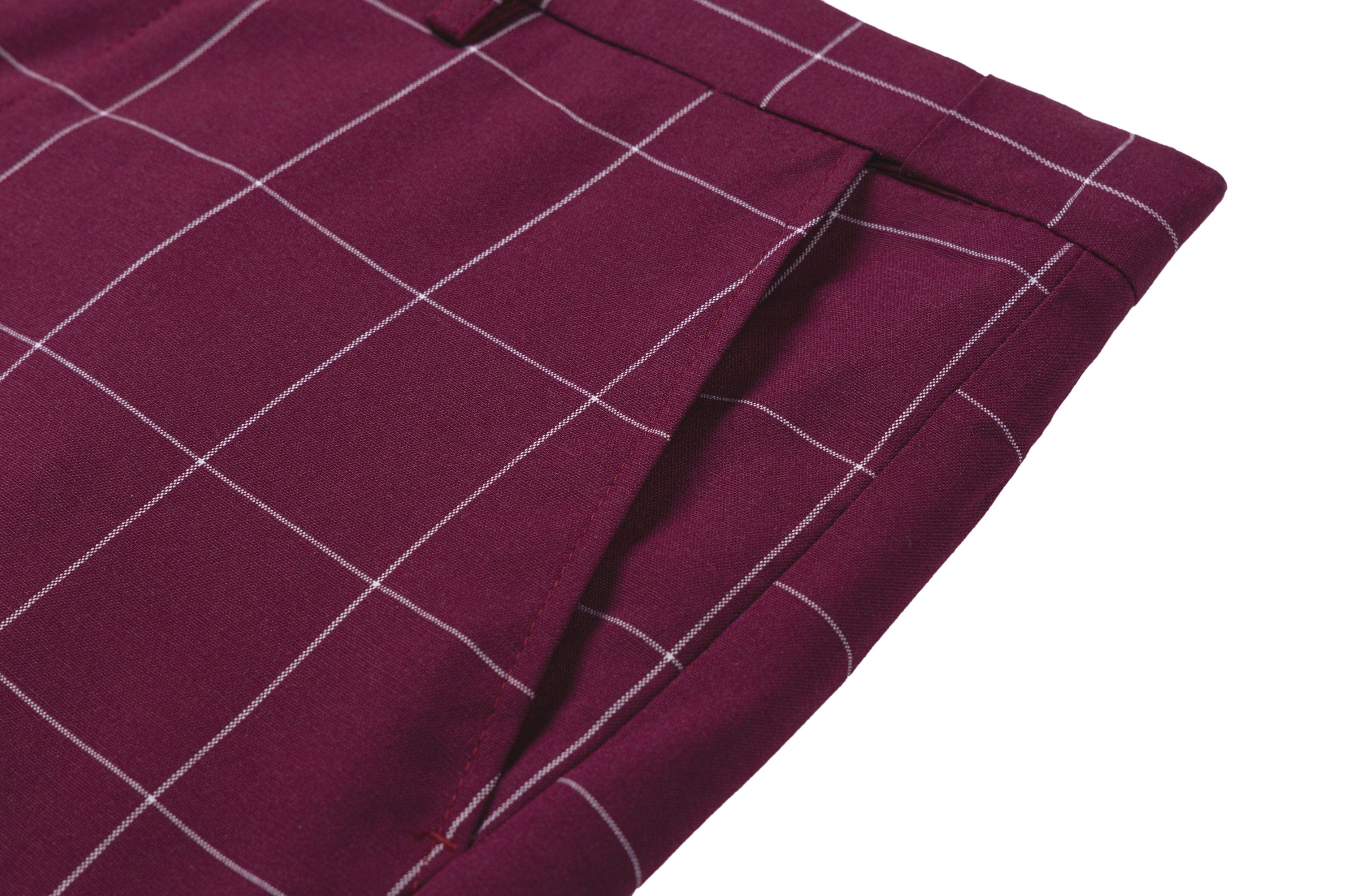 aesido Men's 3-Piece Burgundy Plaid Suit (Blazer+Vest+Pants)