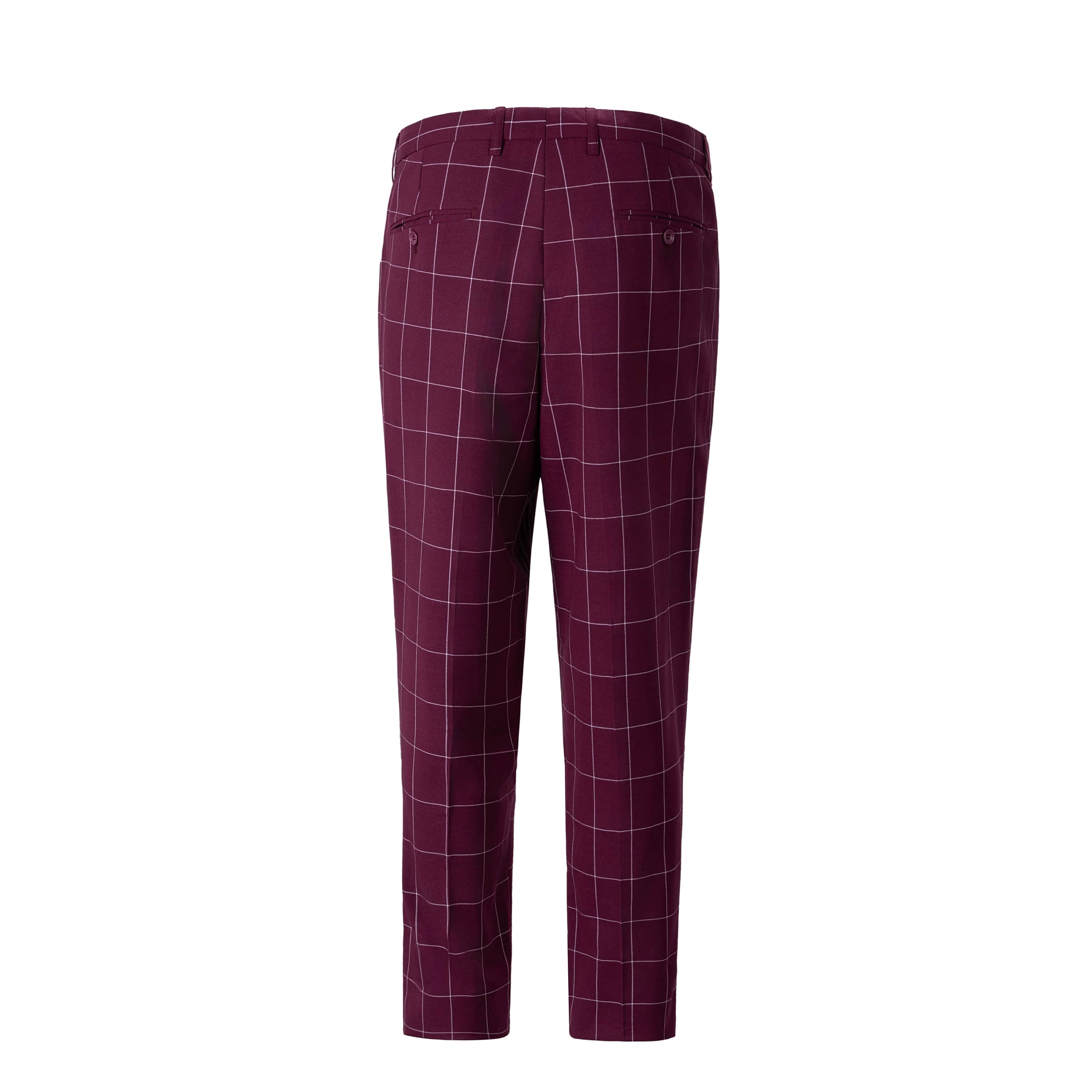 aesido Men's 3-Piece Burgundy Plaid Suit (Blazer+Vest+Pants)