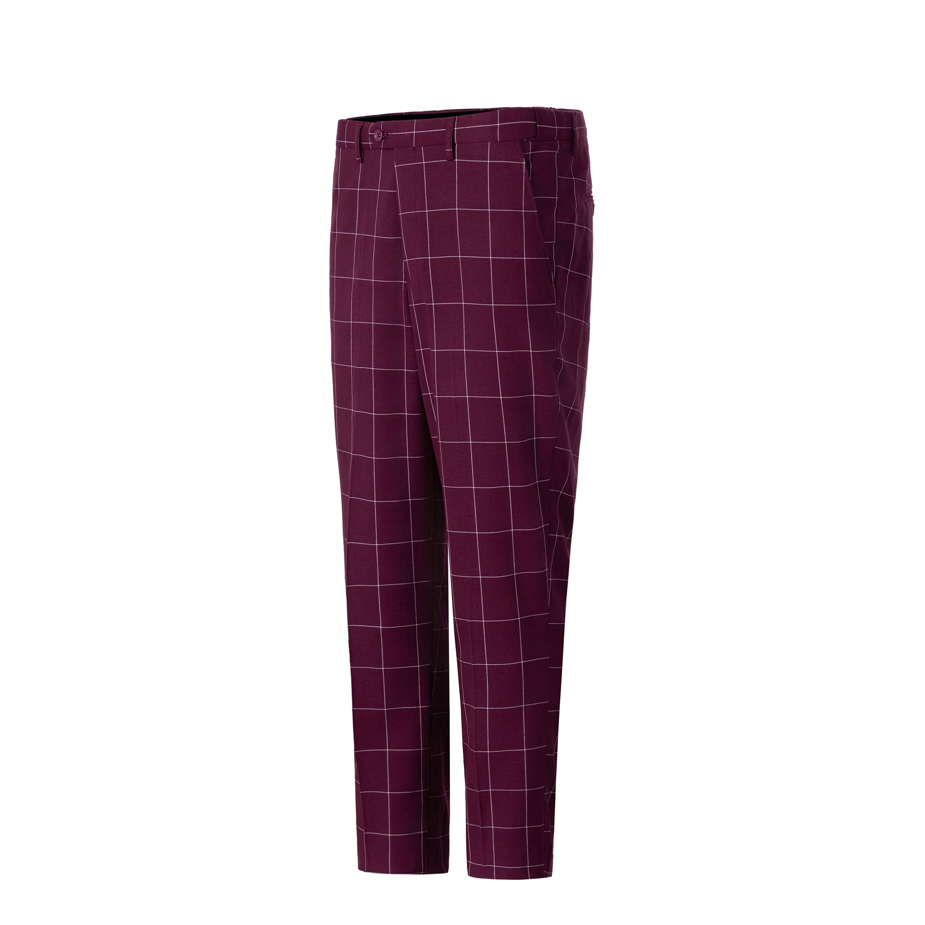 aesido Men's 3-Piece Burgundy Plaid Suit (Blazer+Vest+Pants)