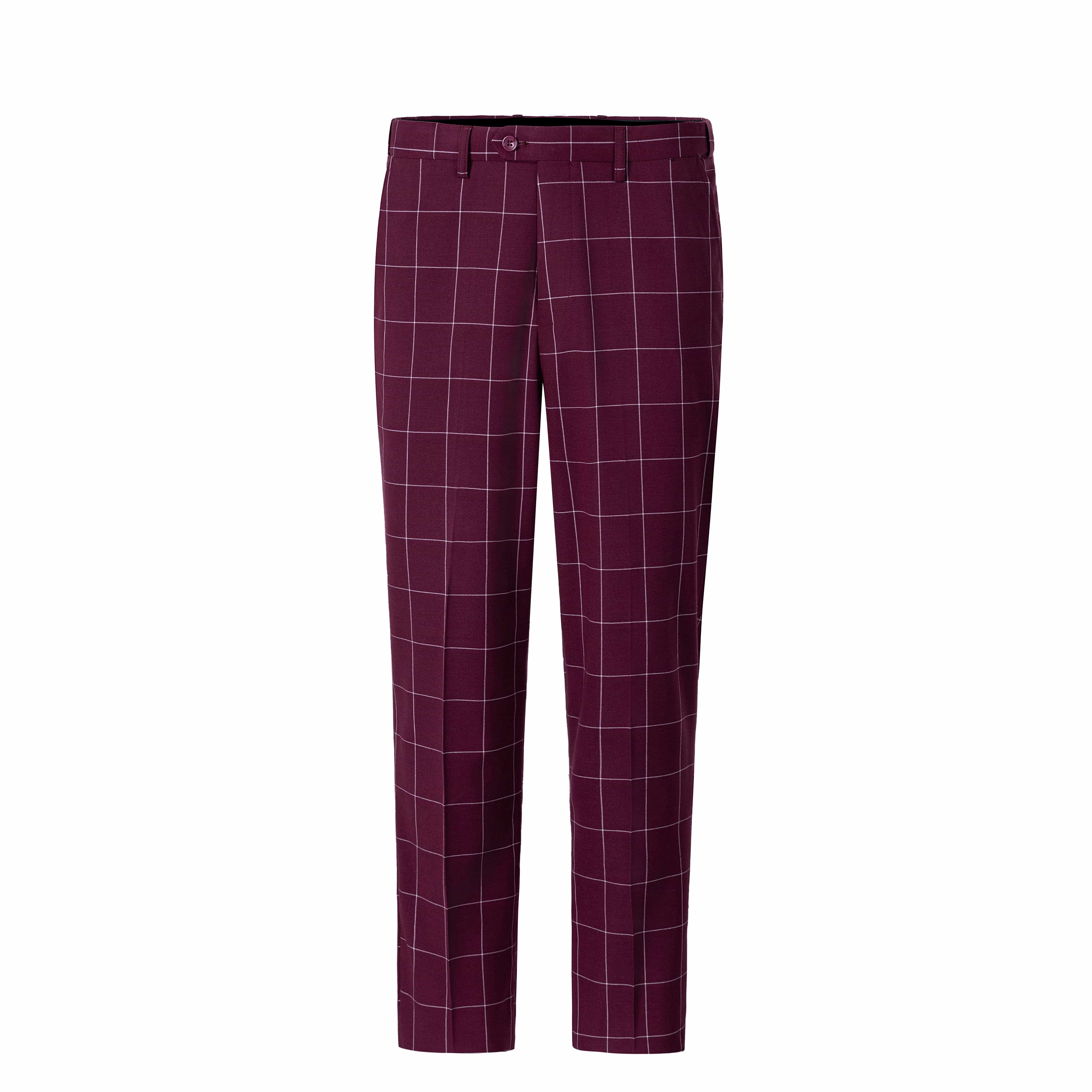 aesido Men's 3-Piece Burgundy Plaid Suit (Blazer+Vest+Pants)