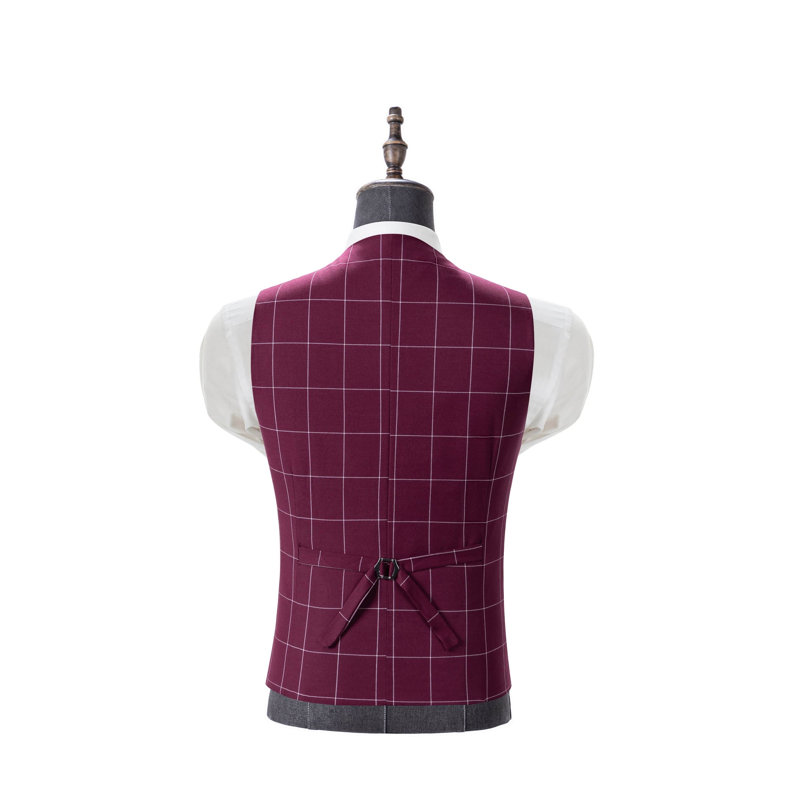 aesido Men's 3-Piece Burgundy Plaid Suit (Blazer+Vest+Pants)