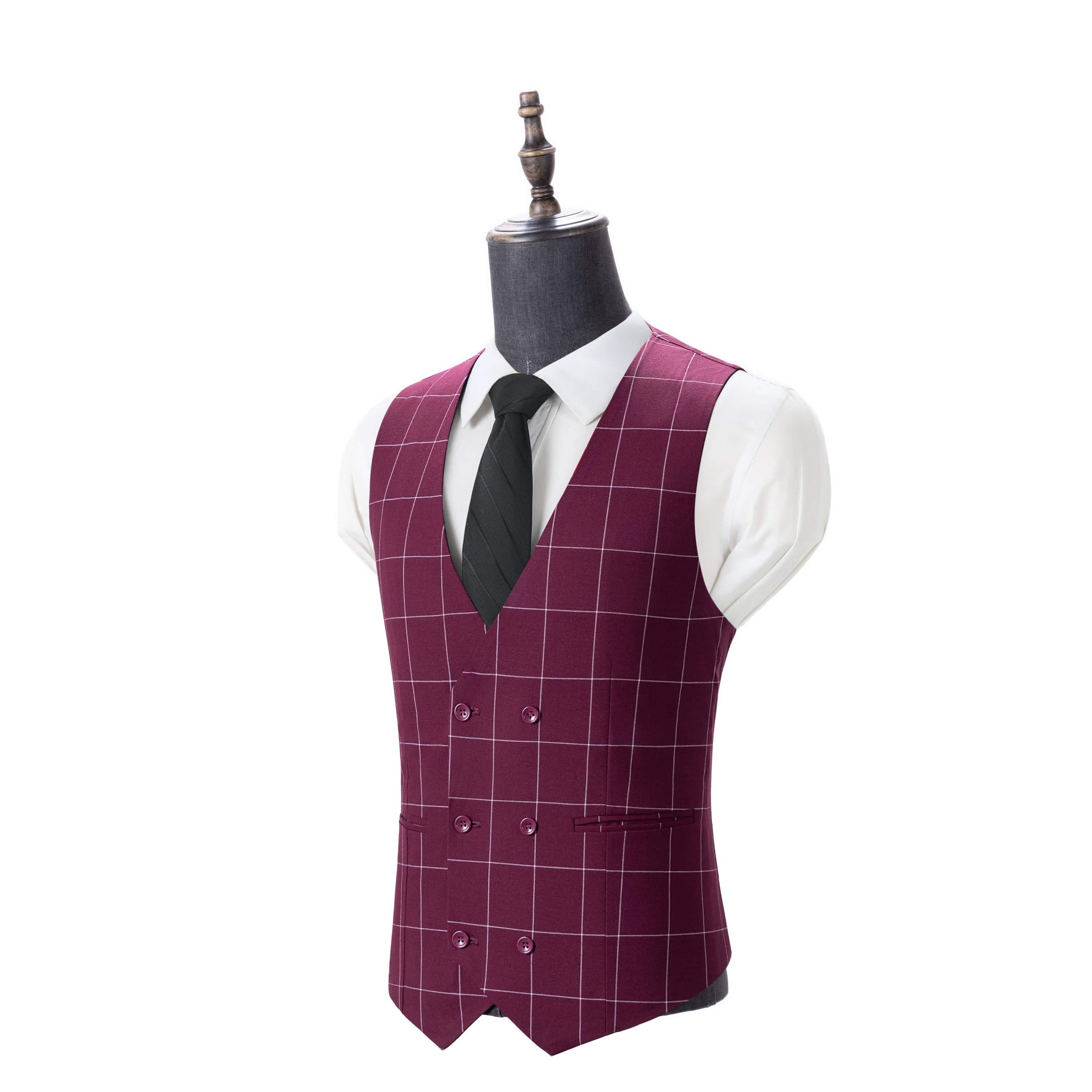 aesido Men's 3-Piece Burgundy Plaid Suit (Blazer+Vest+Pants)
