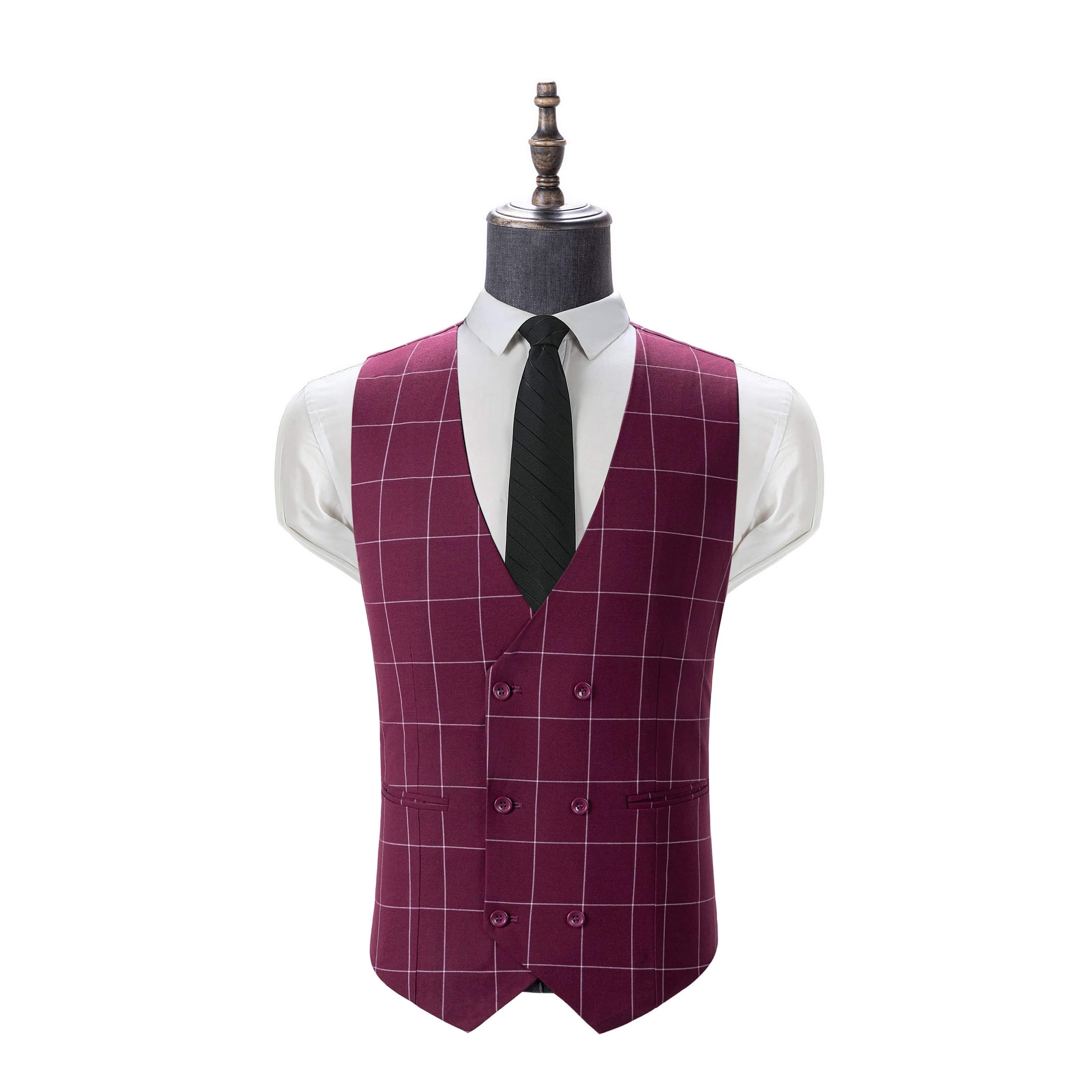 aesido Men's 3-Piece Burgundy Plaid Suit (Blazer+Vest+Pants)