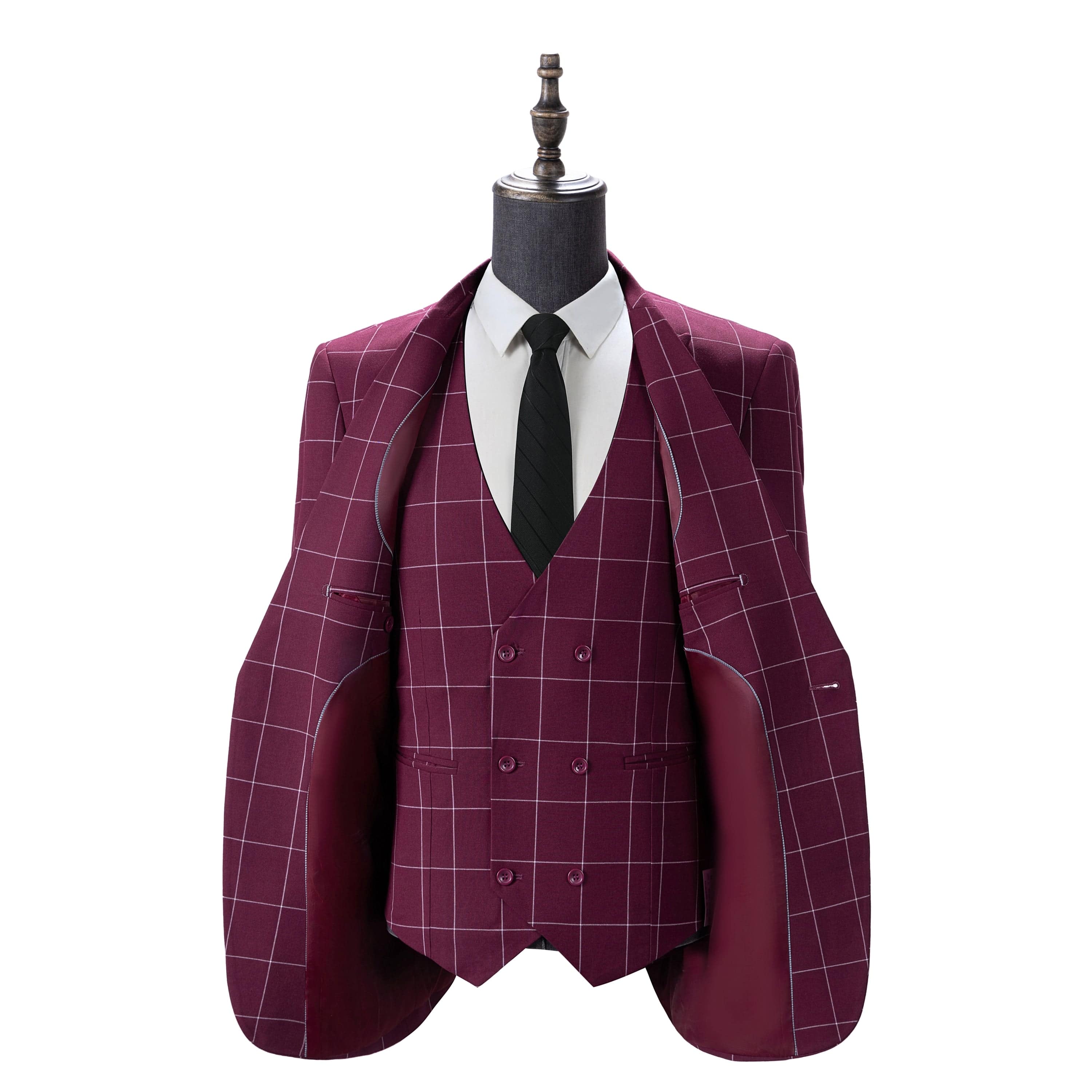 aesido Men's 3-Piece Burgundy Plaid Suit (Blazer+Vest+Pants)
