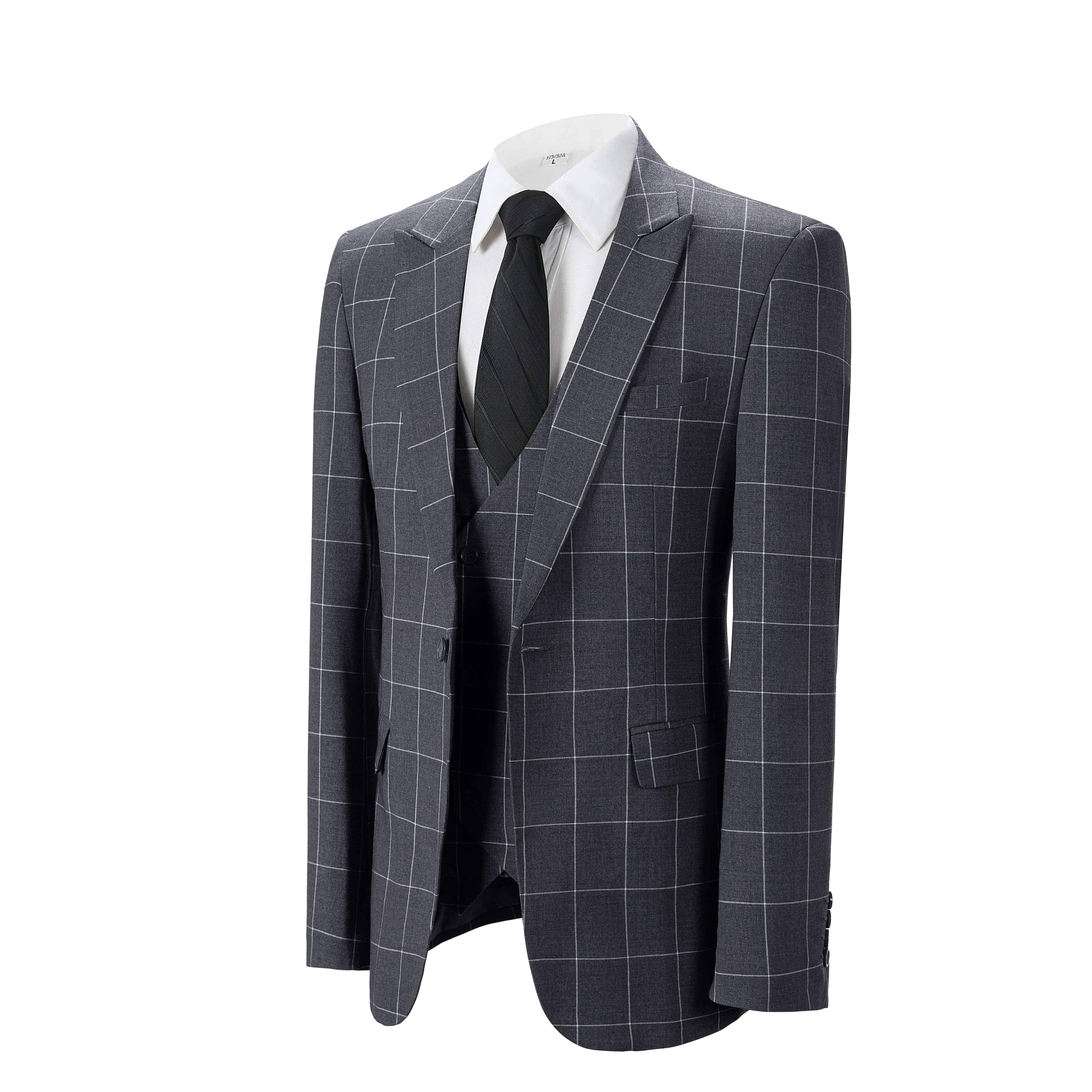 aesido Men's 3-Piece Grey Plaid Suit (Blazer+Vest+Pants)