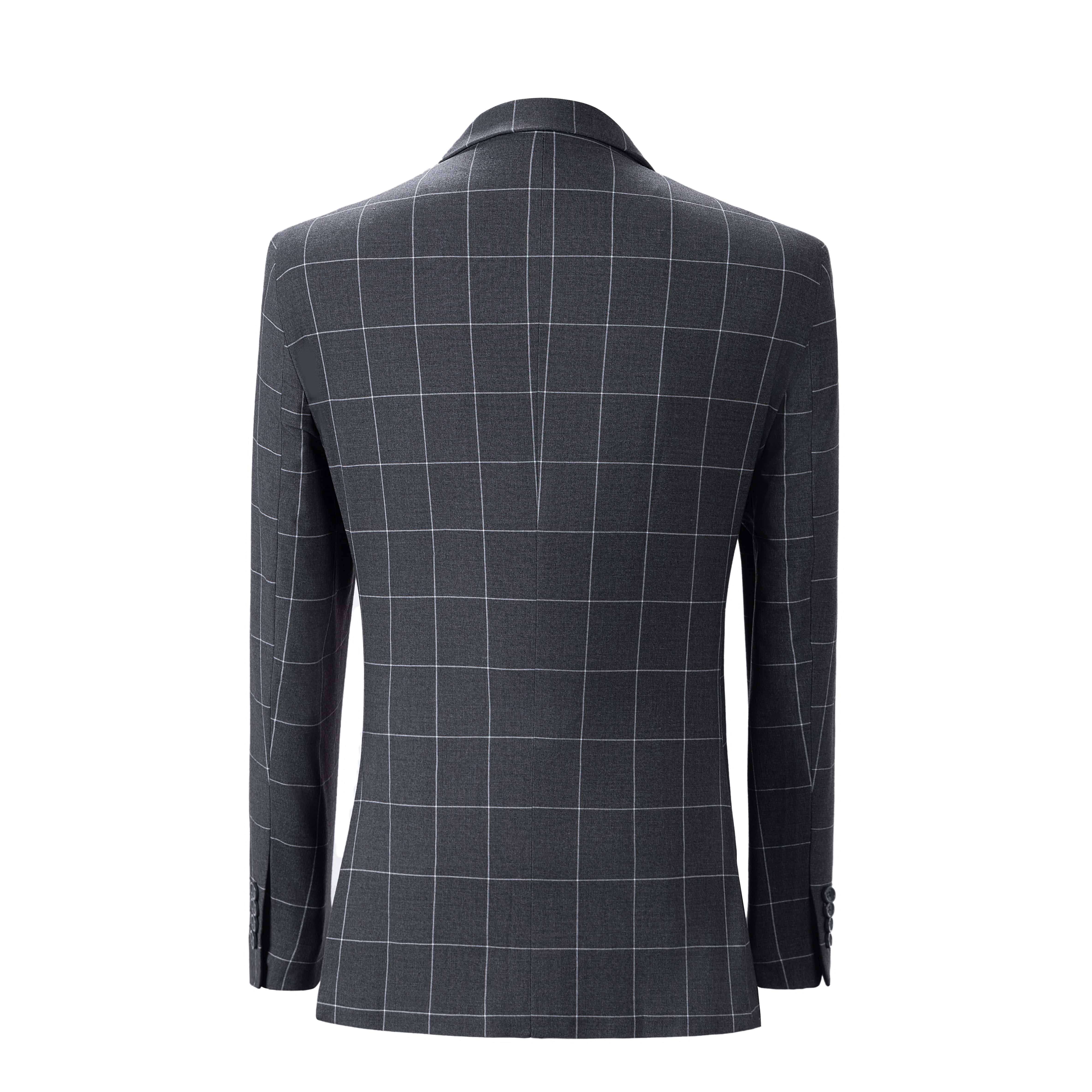 aesido Men's 3-Piece Grey Plaid Suit (Blazer+Vest+Pants)