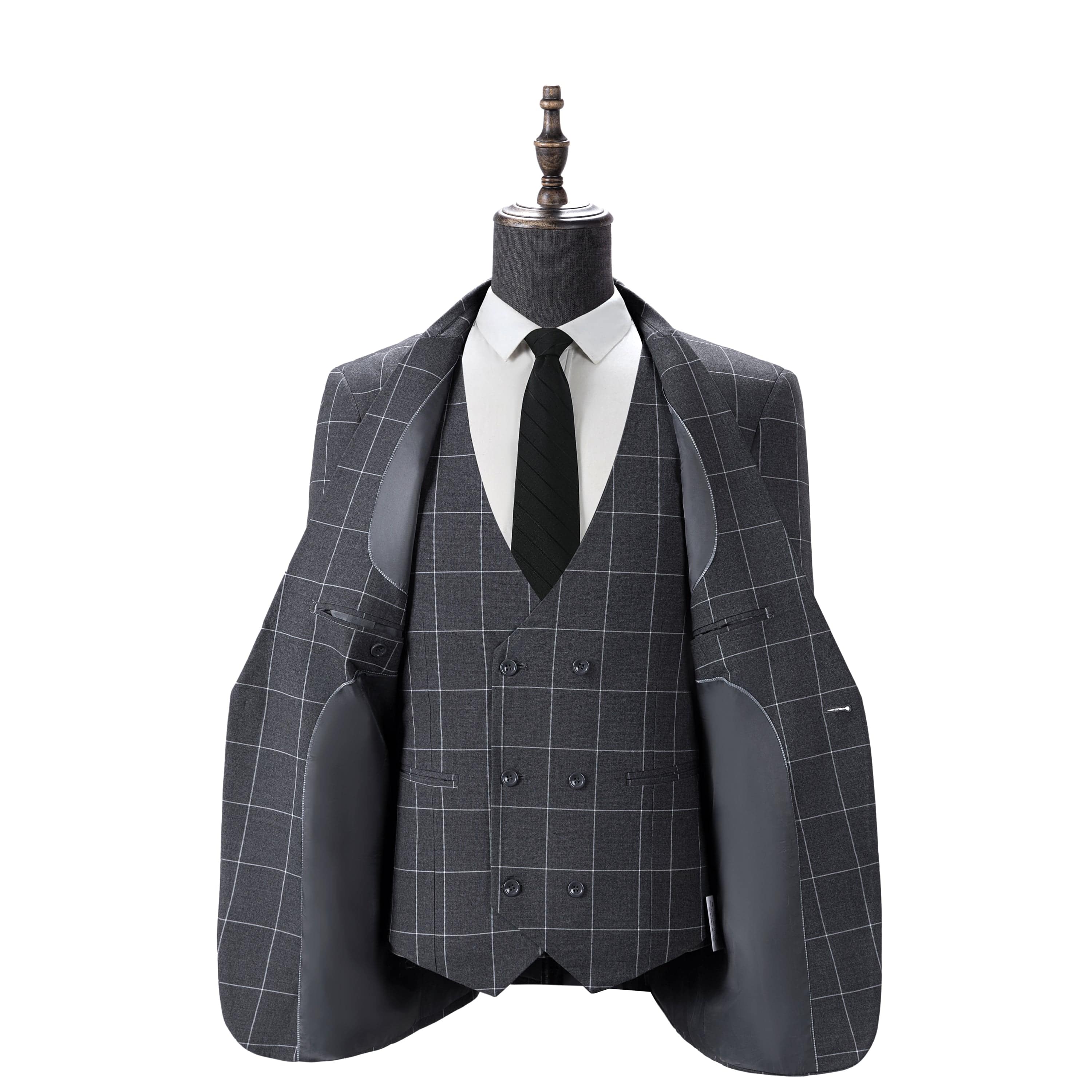 aesido Men's 3-Piece Grey Plaid Suit (Blazer+Vest+Pants)