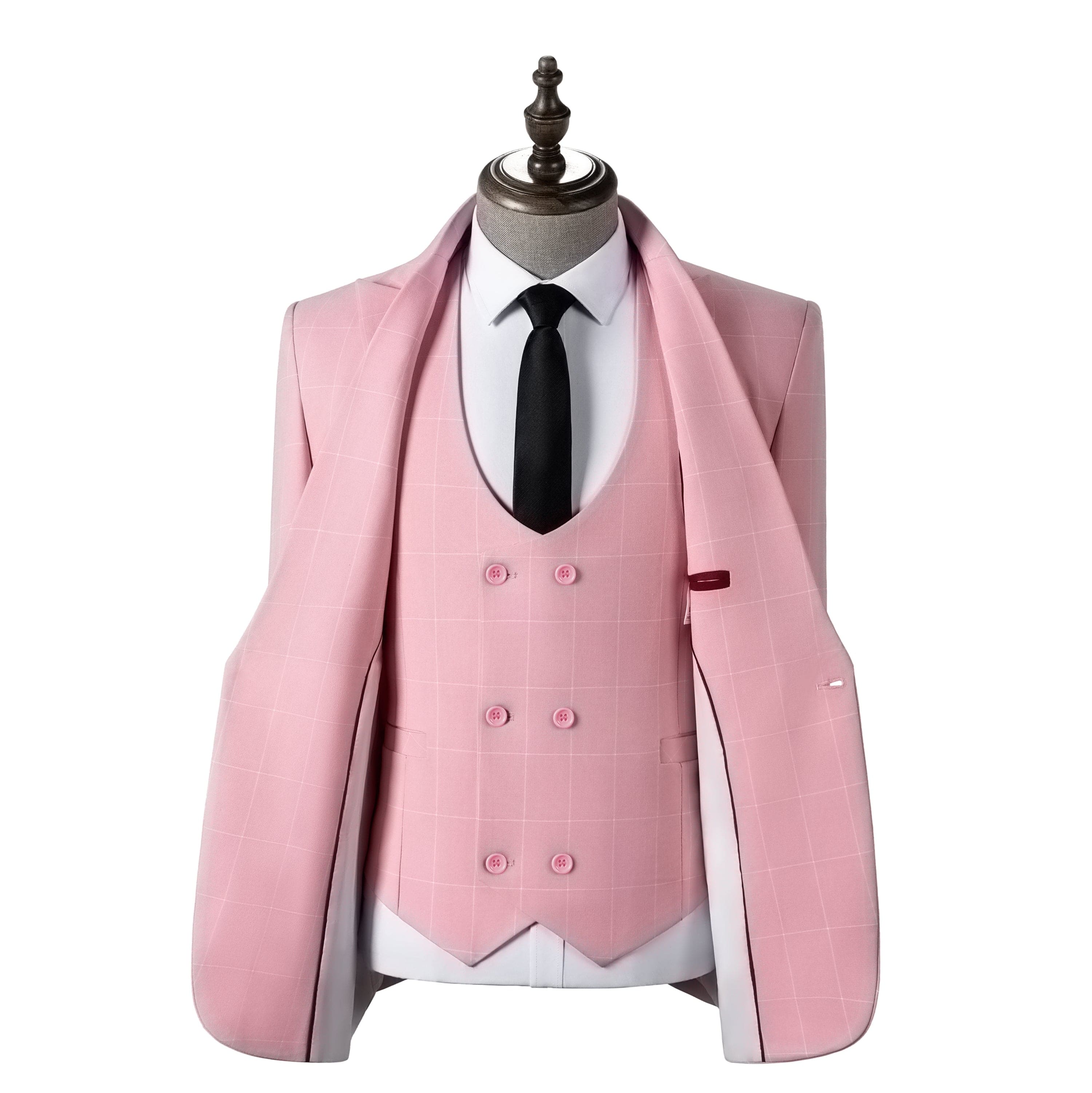 aesido Men's 3-Piece Pink Plaid Suit (Blazer+Vest+Pants)