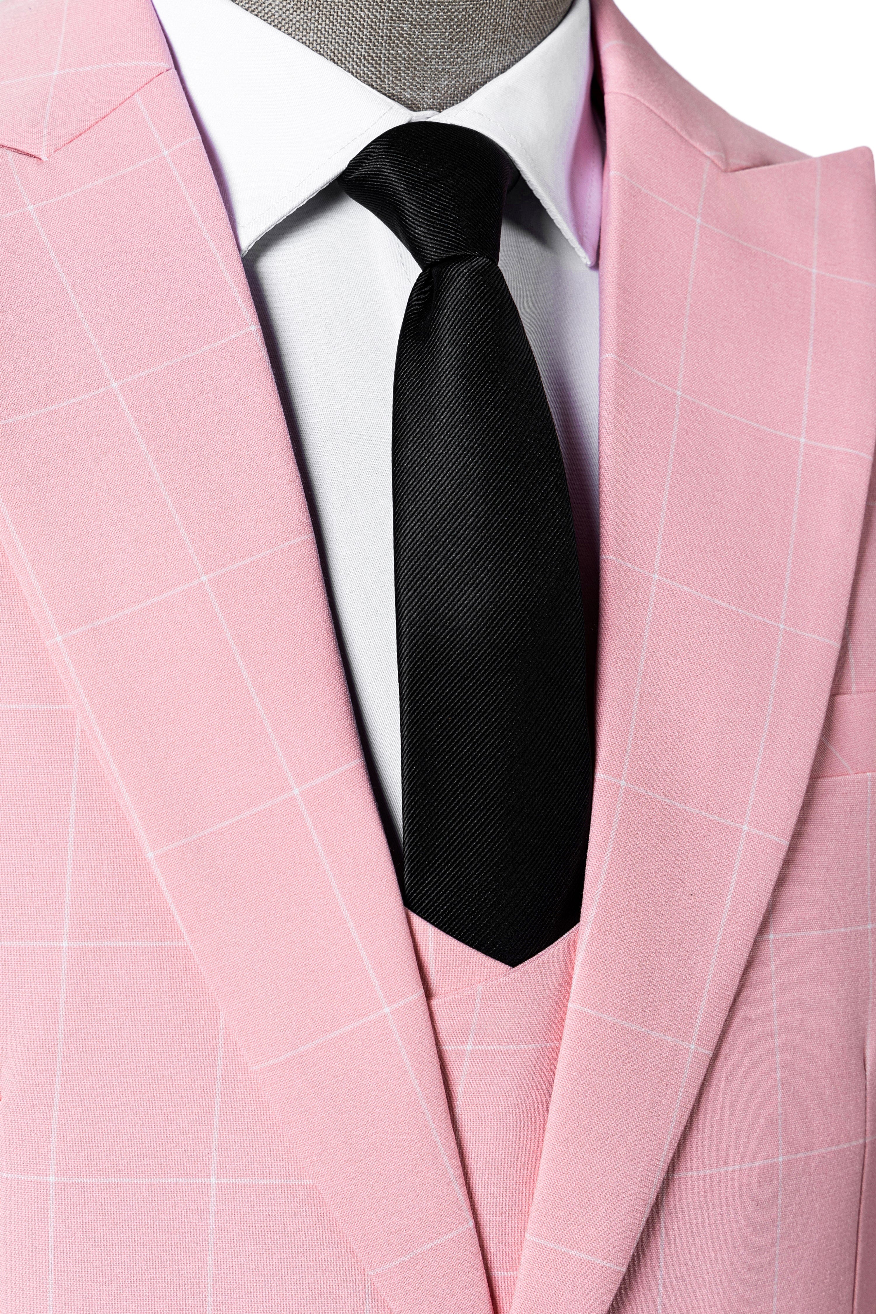 aesido Men's 3-Piece Pink Plaid Suit (Blazer+Vest+Pants)
