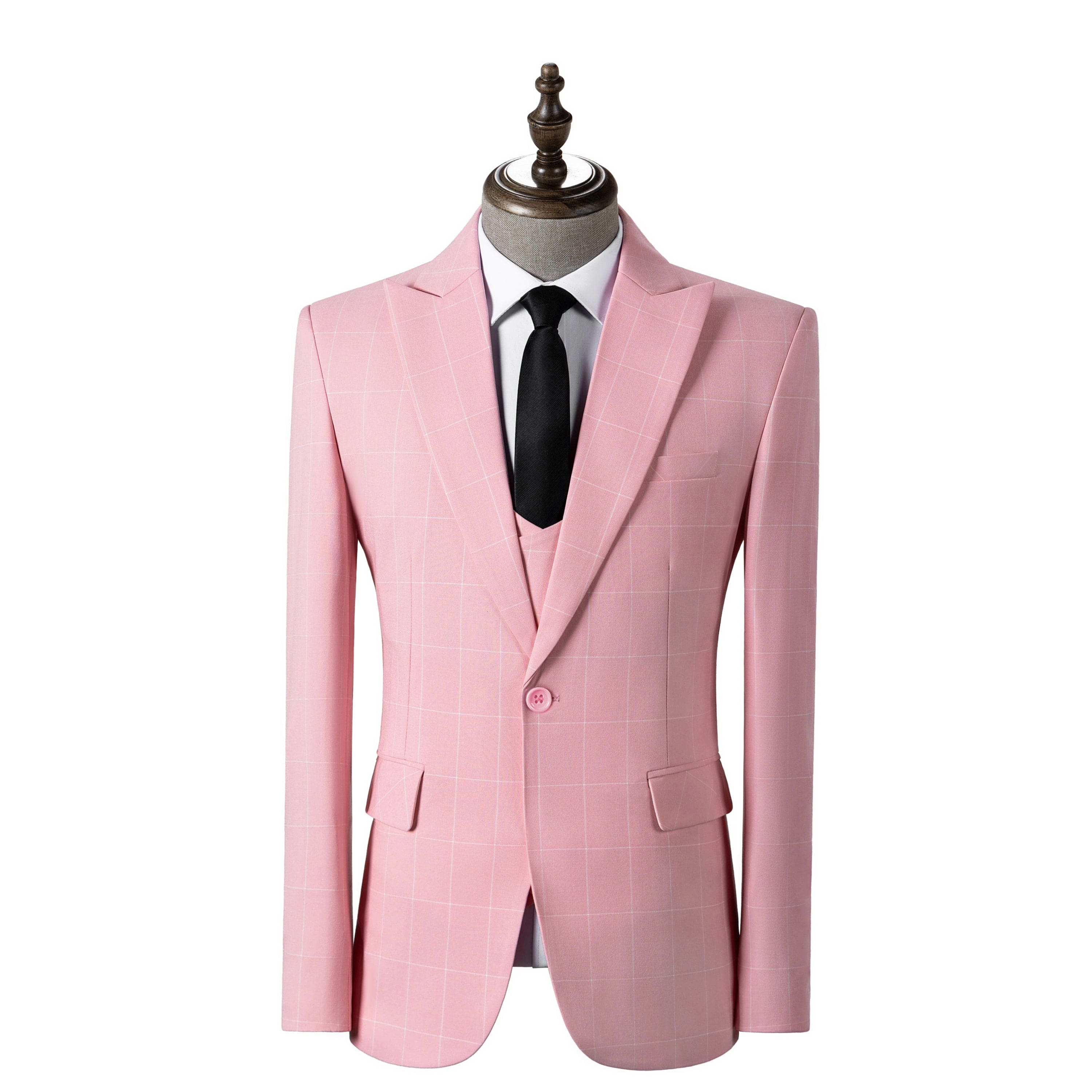 aesido Men's 3-Piece Pink Plaid Suit (Blazer+Vest+Pants)