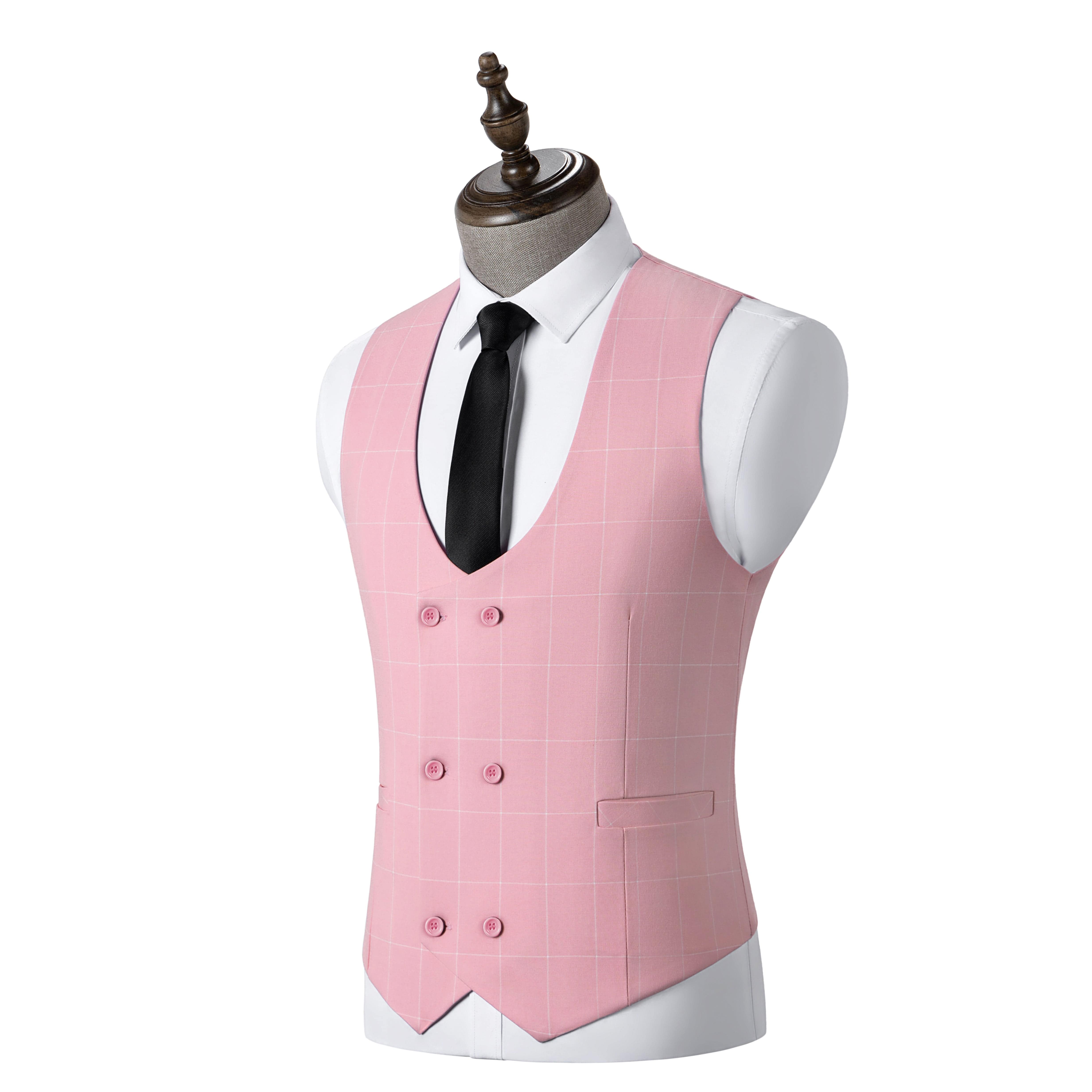 aesido Men's 3-Piece Pink Plaid Suit (Blazer+Vest+Pants)