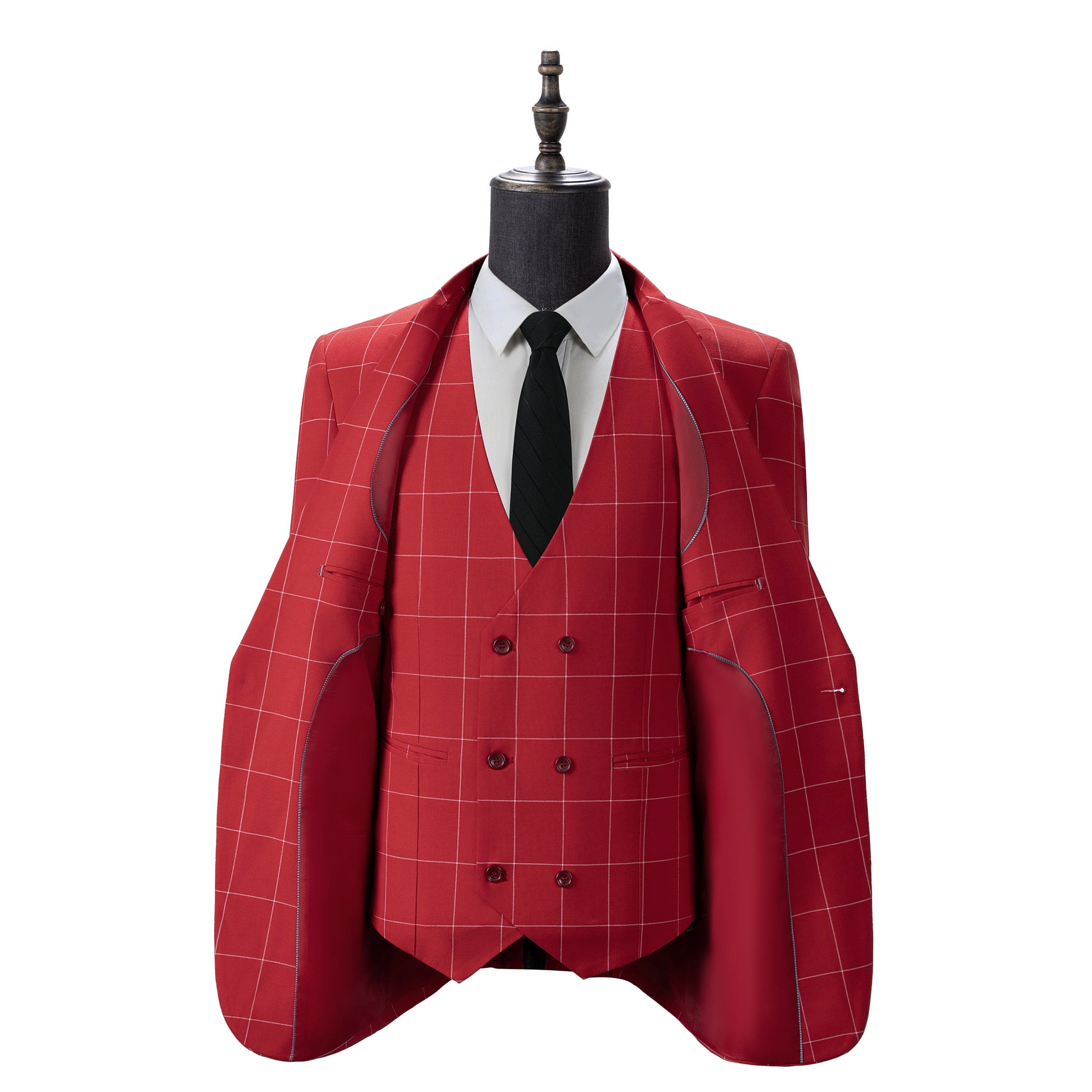 aesido Men's 3-Piece Red Plaid Suit (Blazer+Vest+Pants)