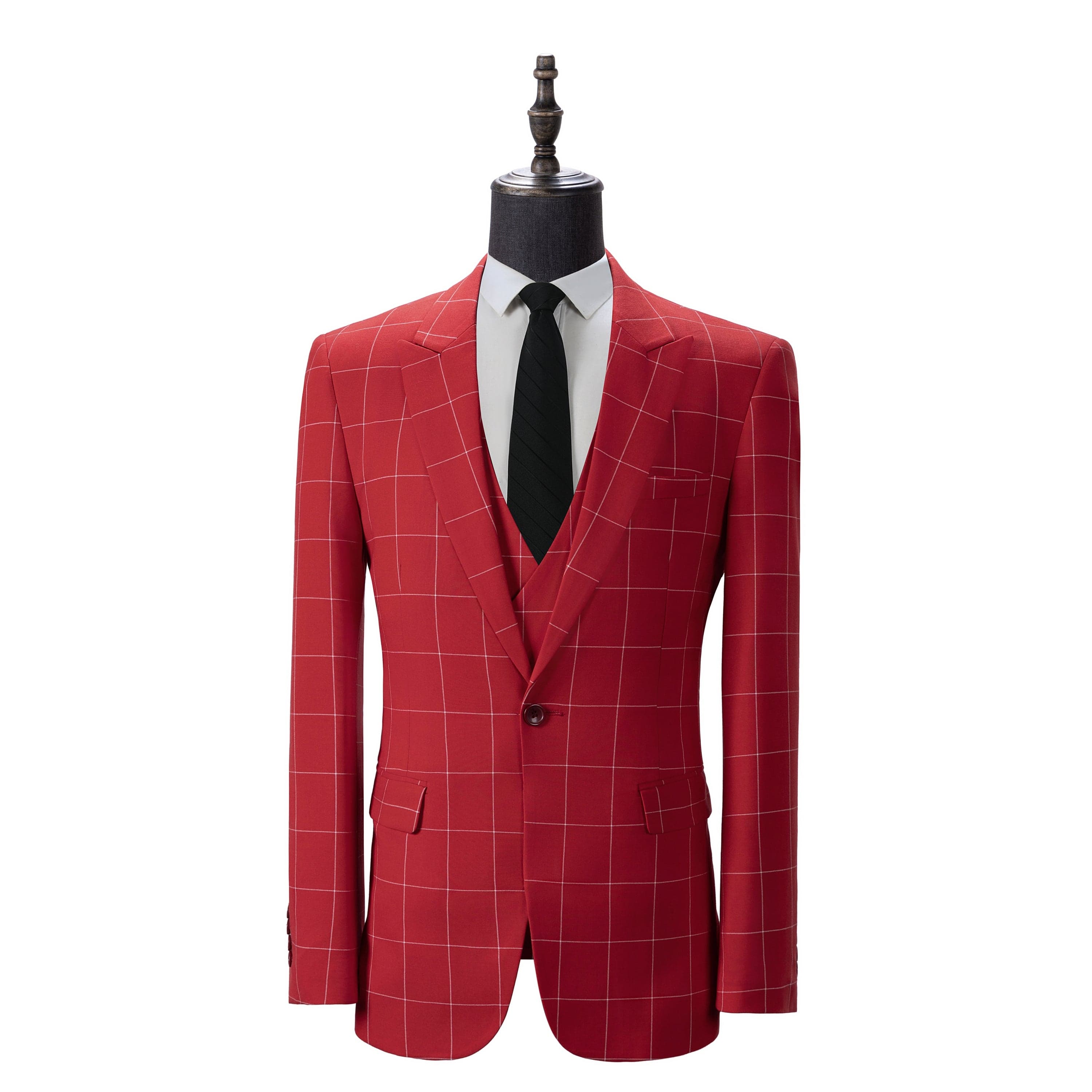 aesido Men's 3-Piece Red Plaid Suit (Blazer+Vest+Pants)
