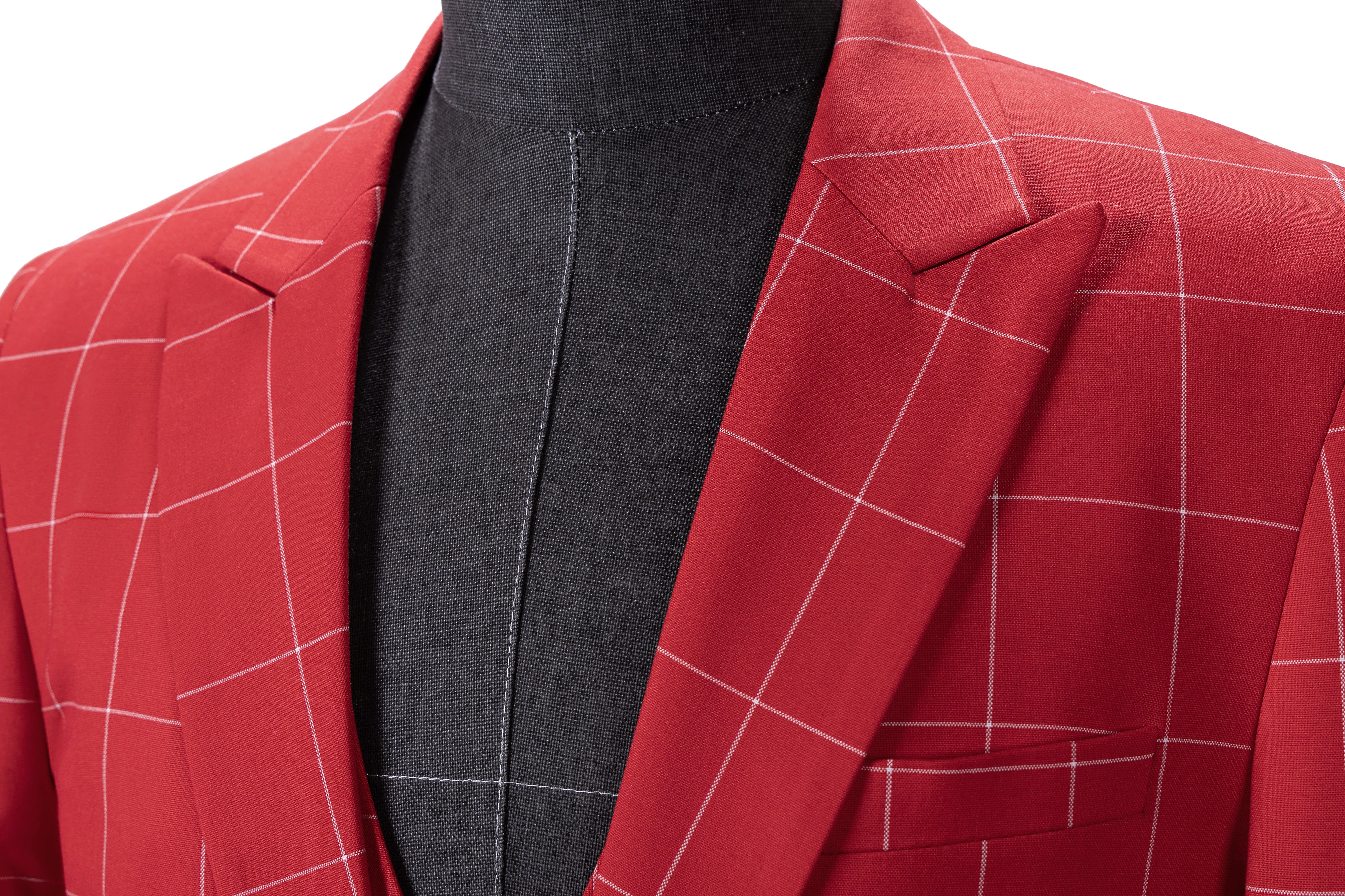 aesido Men's 3-Piece Red Plaid Suit (Blazer+Vest+Pants)