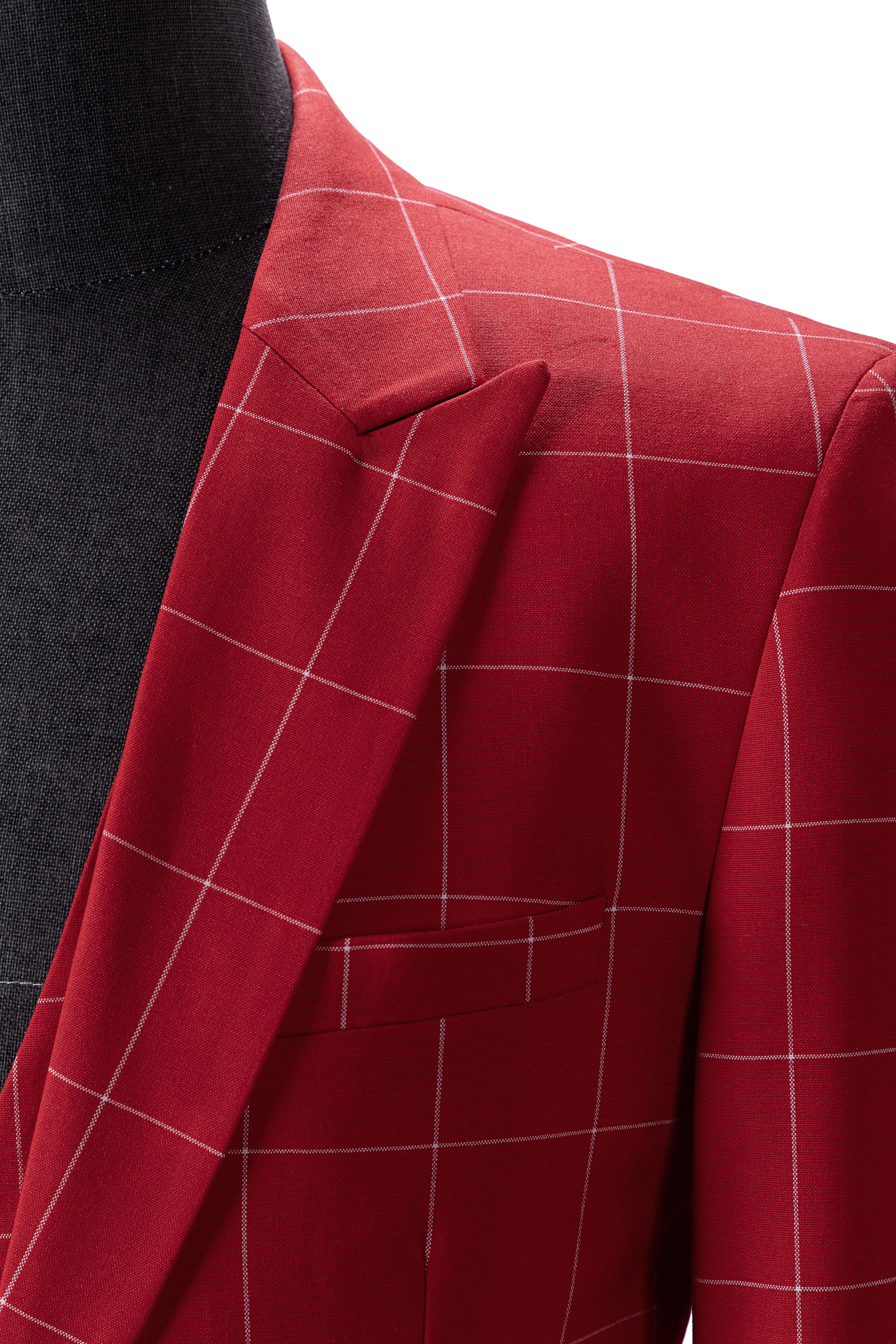 aesido Men's 3-Piece Red Plaid Suit (Blazer+Vest+Pants)