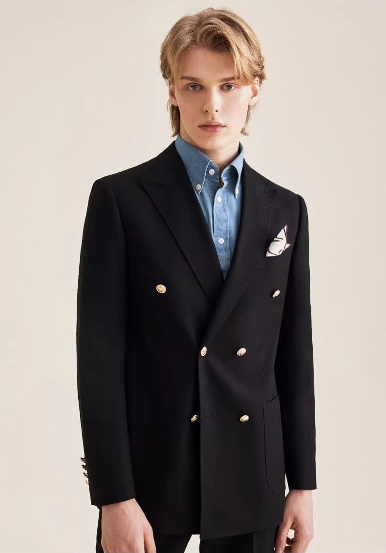 aesido Men’s Black Double Breasted Suit Set – Peak Lapel Blazer with Matching Pants