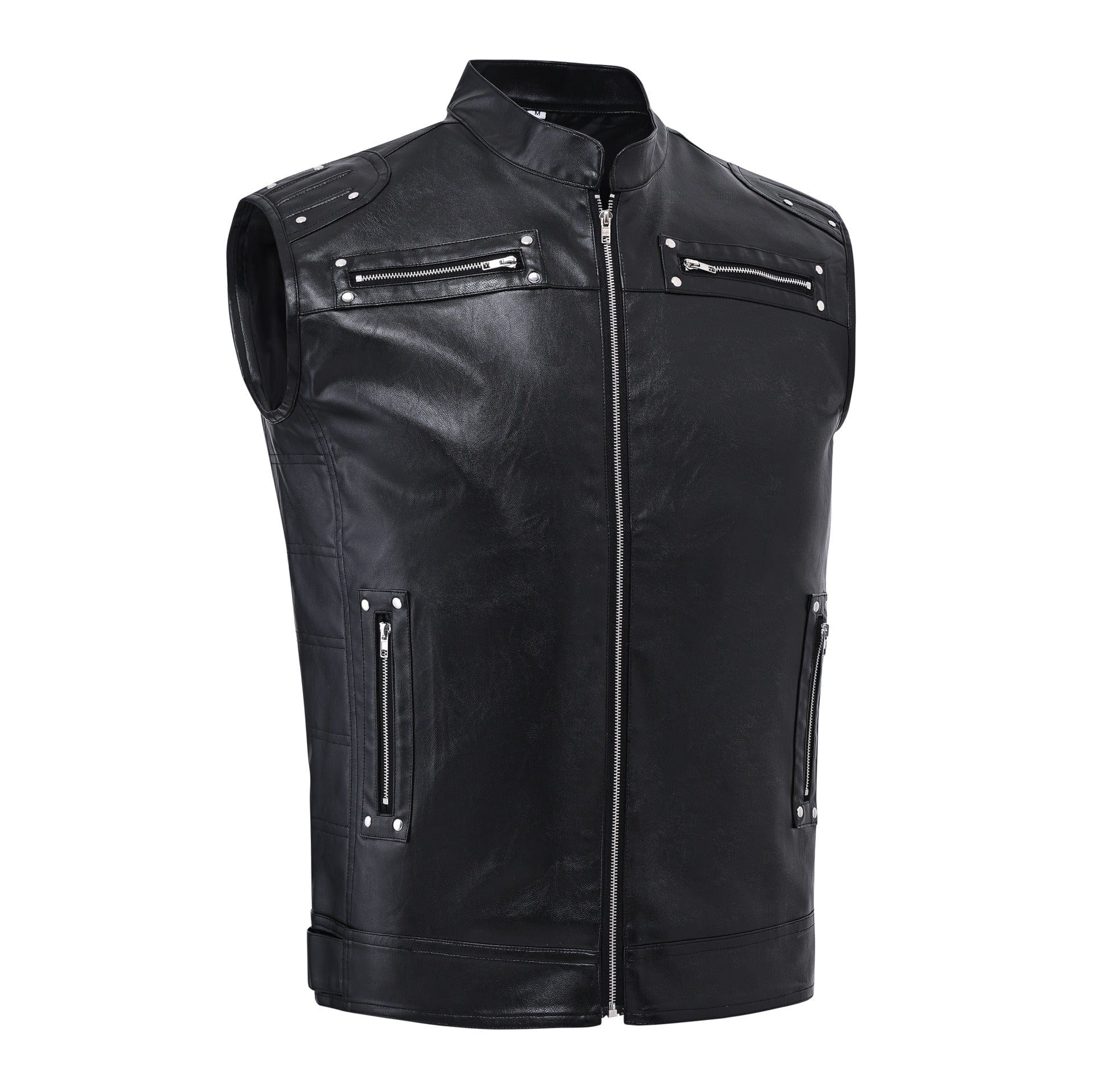 aesido Men's Black Faux Leather Vest Stand Collar Sleeveless Jacket