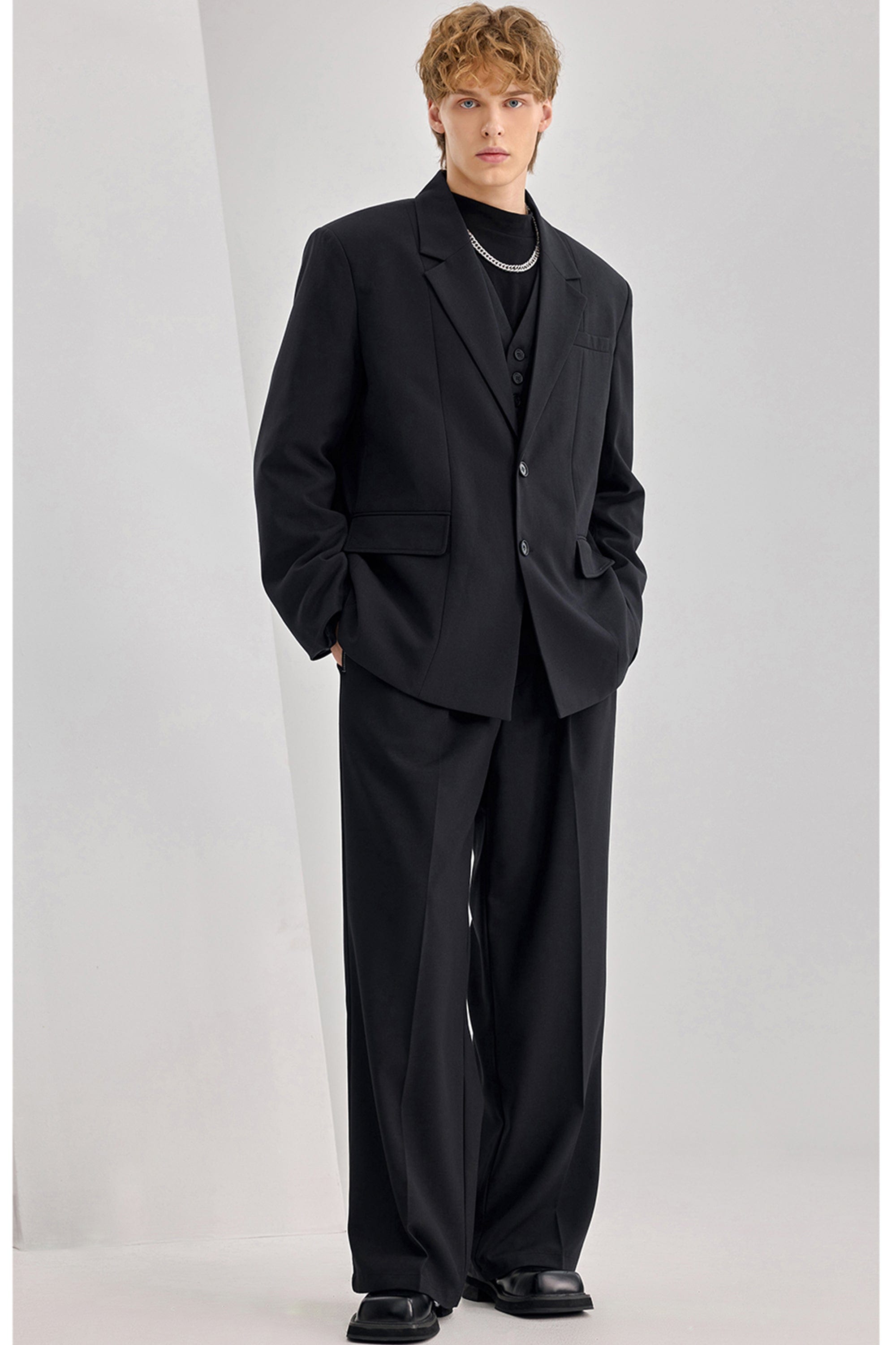 Mens Black Suit 3-Piece Single-Breasted Blazer with Trousers Black / 44R Mens Black Suit 3-Piece Single-Breasted Blazer with Trousers Black / 44R