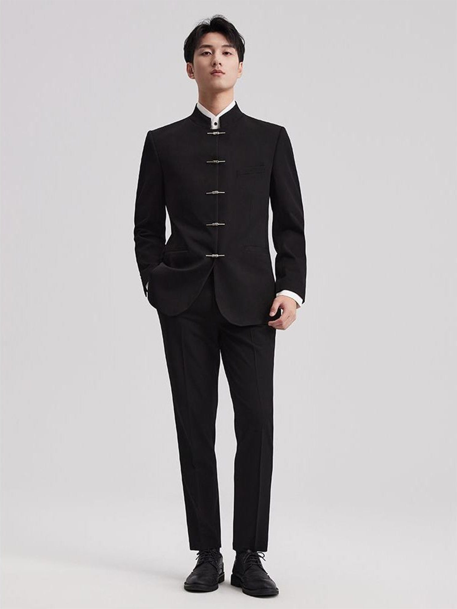 aesido Men’s Black Two-Piece Suit – Stand Collar Blazer & Trousers