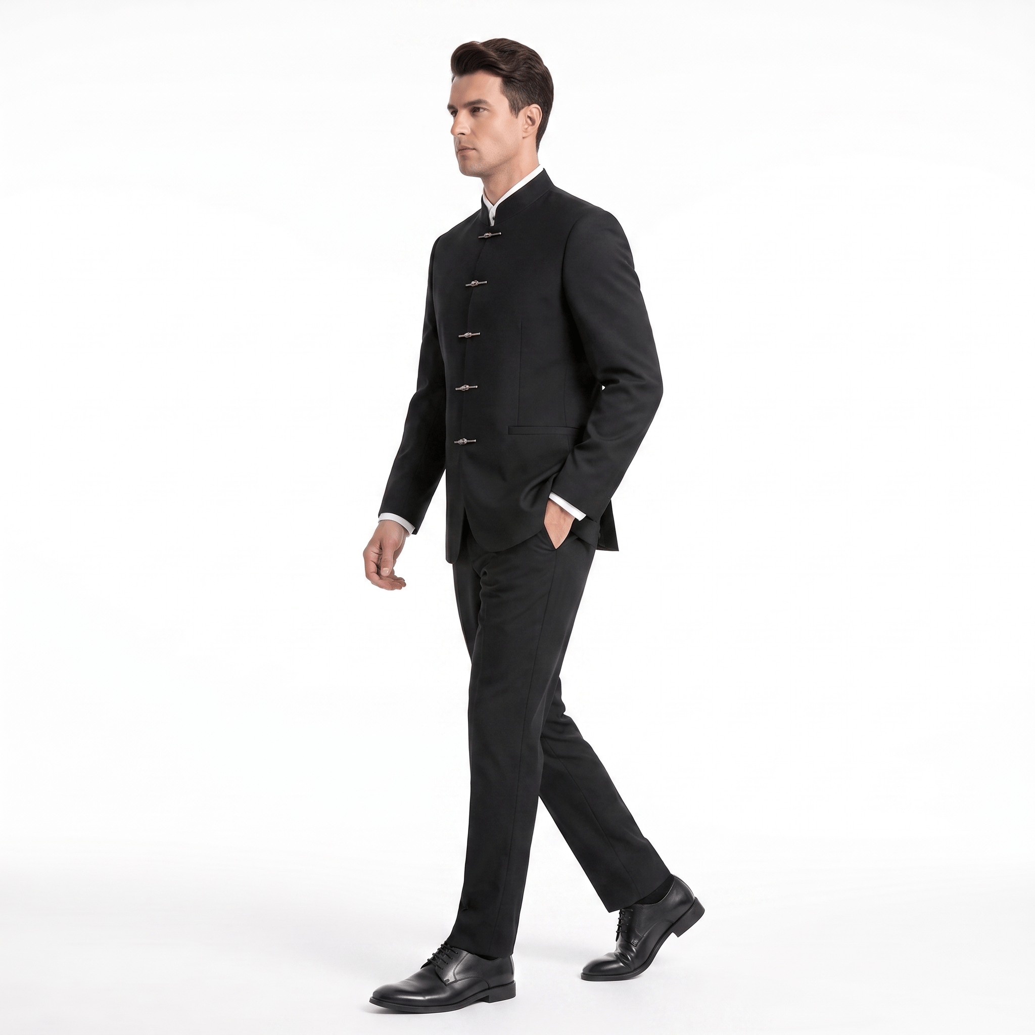 aesido Men’s Black Two-Piece Suit – Stand Collar Blazer & Trousers