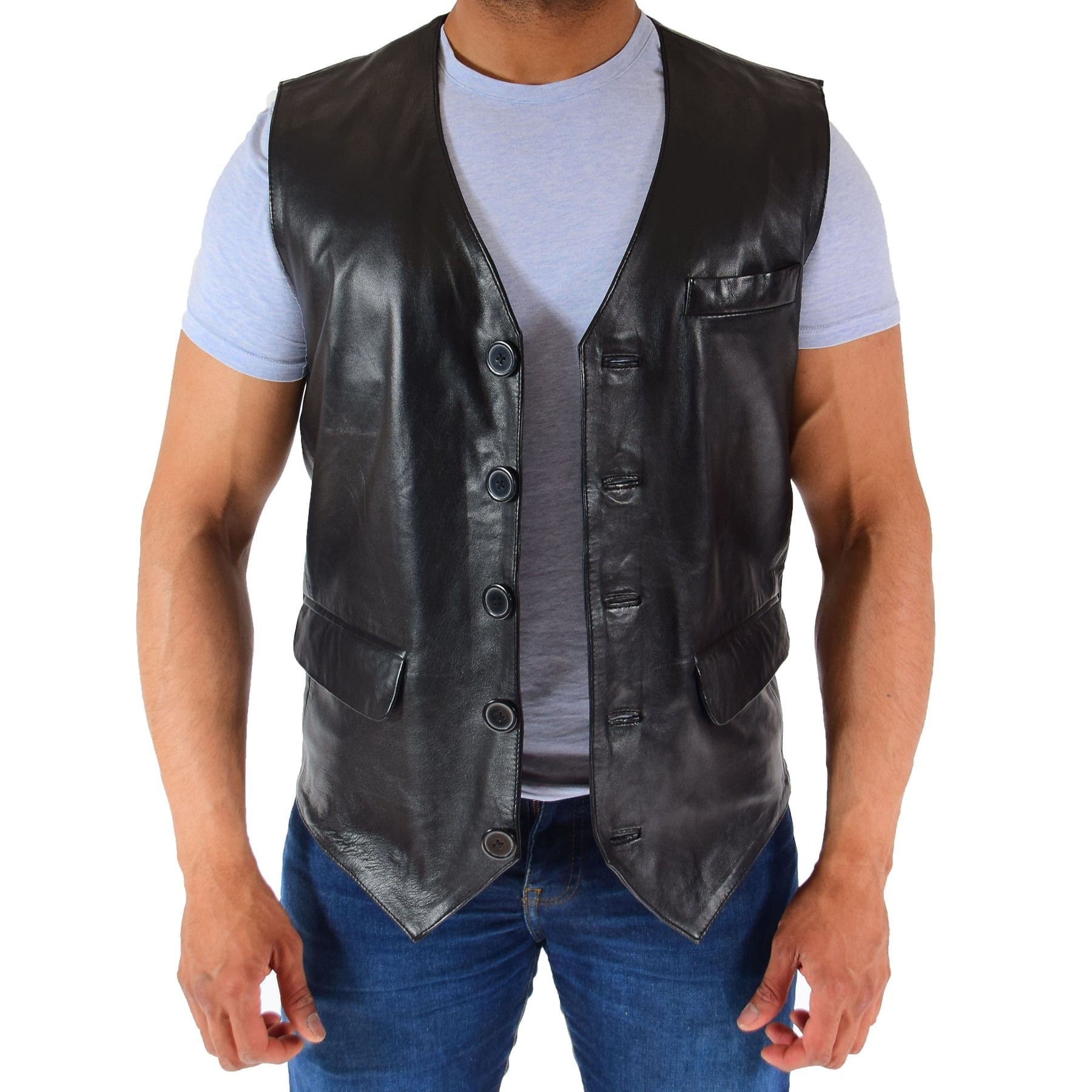 Men's Black Vintage V Neck Leather Vest