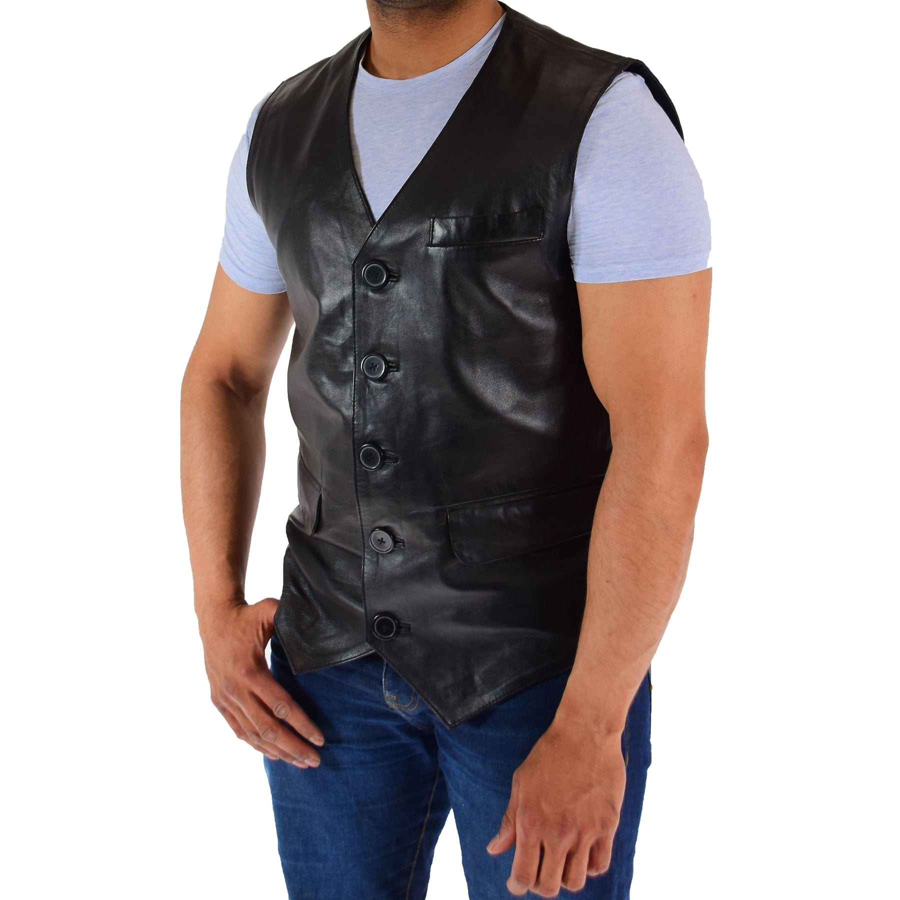 Men's Black Vintage V Neck Leather Vest
