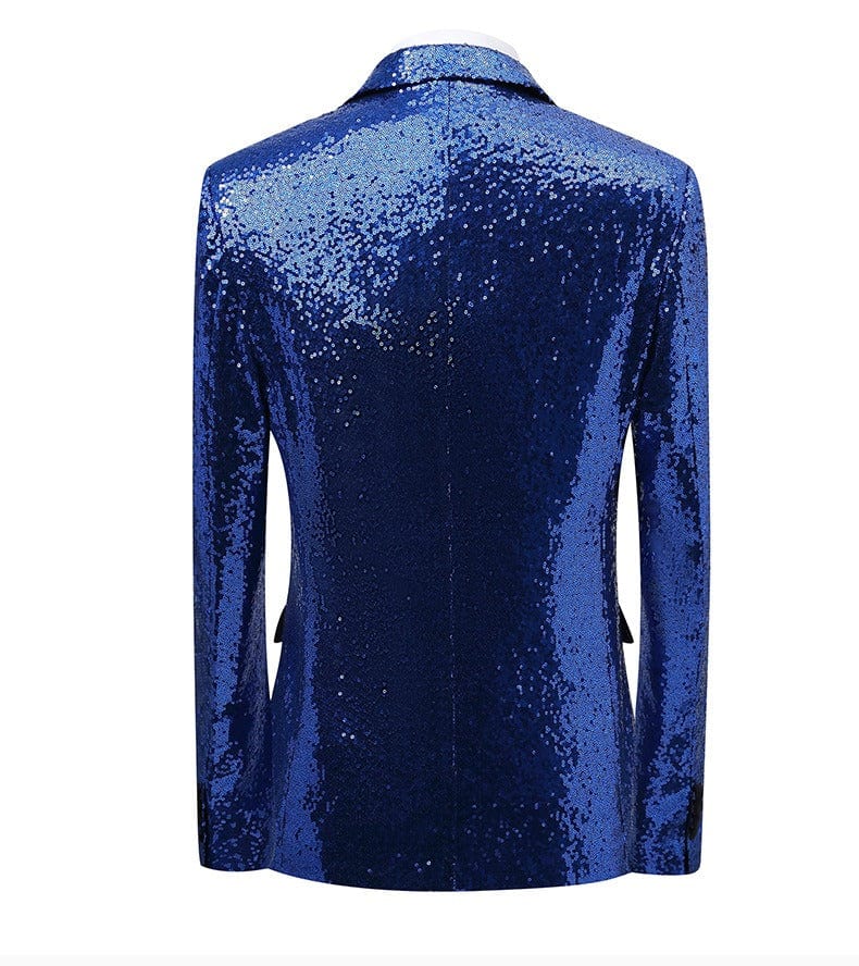 aesido Men's Blue Sequin Tuxedo Suit – Black Satin Peak Lapel Blazer & Pants