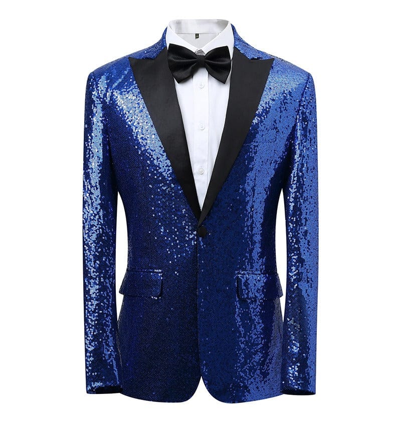 aesido Men's Blue Sequin Tuxedo Suit – Black Satin Peak Lapel Blazer & Pants