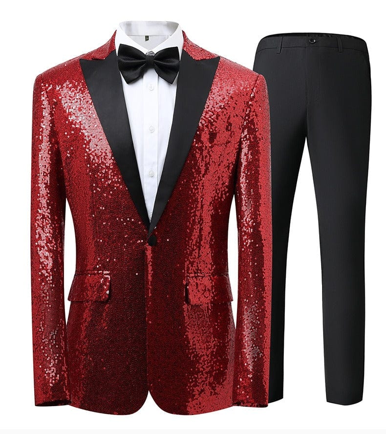 aesido Men's Blue Sequin Tuxedo Suit – Black Satin Peak Lapel Blazer & Pants