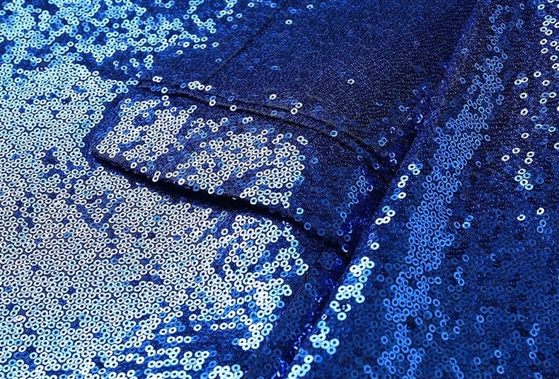 aesido Men's Blue Sequin Tuxedo Suit – Black Satin Peak Lapel Blazer & Pants