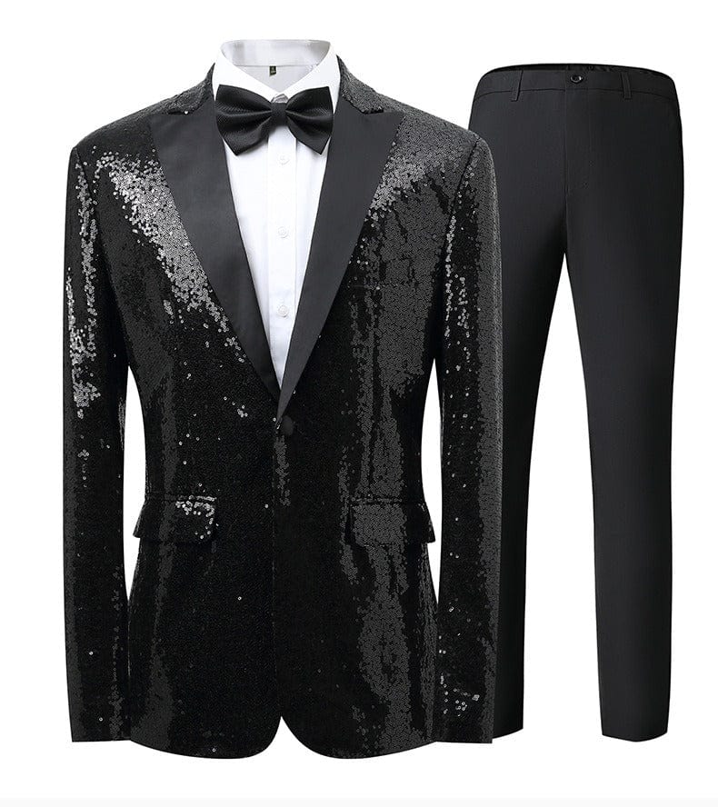 aesido Men's Blue Sequin Tuxedo Suit – Black Satin Peak Lapel Blazer & Pants