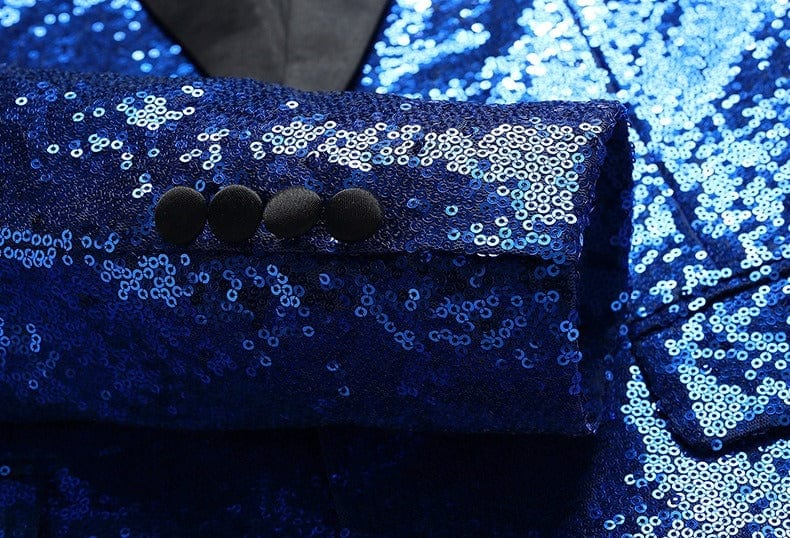 aesido Men's Blue Sequin Tuxedo Suit – Black Satin Peak Lapel Blazer & Pants