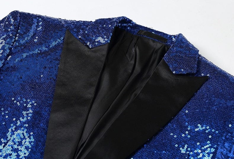 aesido Men's Blue Sequin Tuxedo Suit – Black Satin Peak Lapel Blazer & Pants