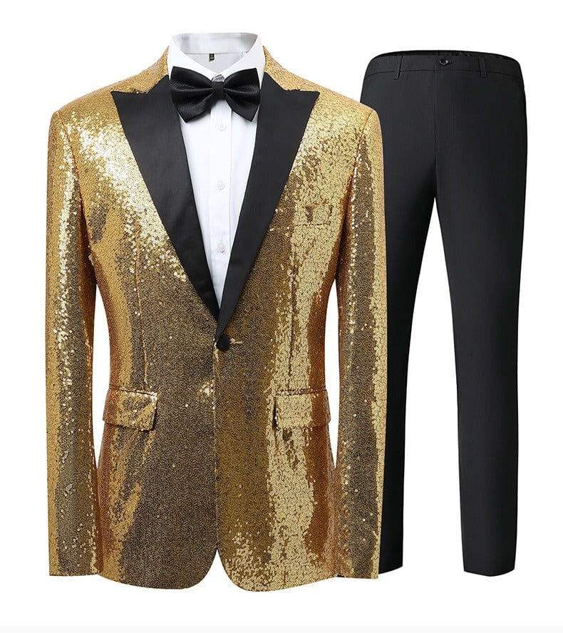 aesido Men's Blue Sequin Tuxedo Suit – Black Satin Peak Lapel Blazer & Pants