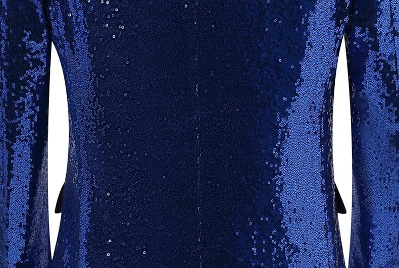 aesido Men's Blue Sequin Tuxedo Suit – Black Satin Peak Lapel Blazer & Pants