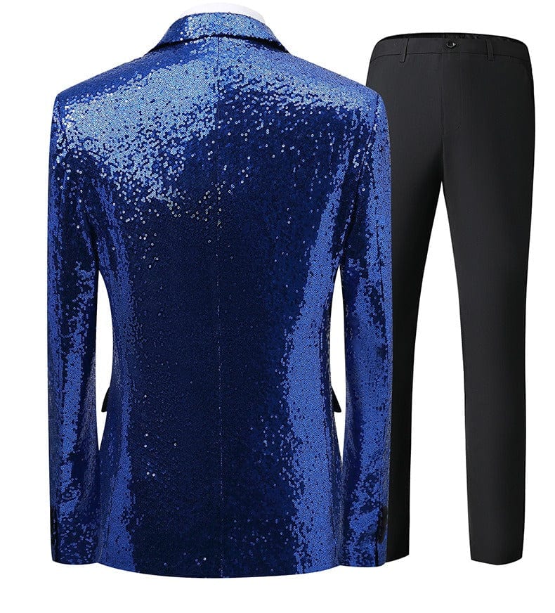 aesido Men's Blue Sequin Tuxedo Suit – Black Satin Peak Lapel Blazer & Pants