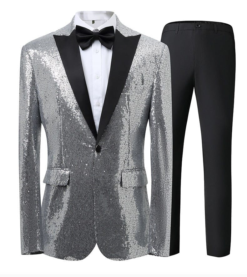 aesido Men's Blue Sequin Tuxedo Suit – Black Satin Peak Lapel Blazer & Pants