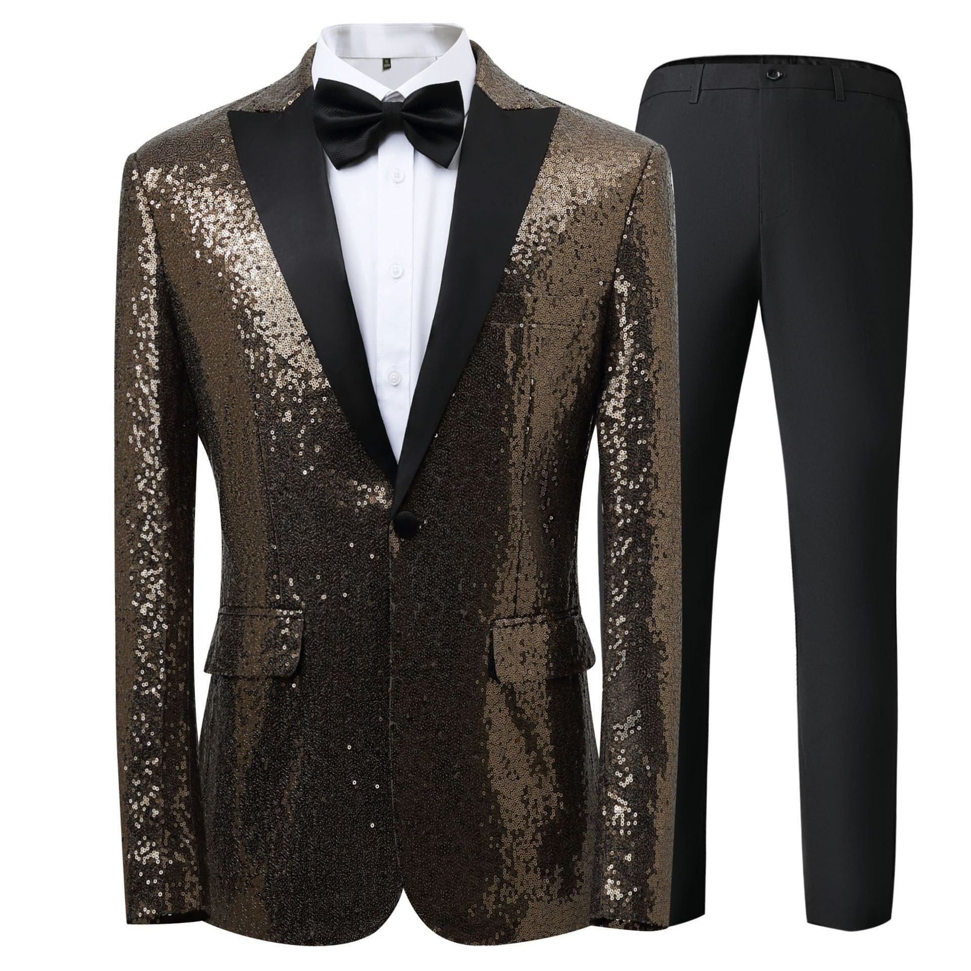 aesido Men's Blue Sequin Tuxedo Suit – Black Satin Peak Lapel Blazer & Pants