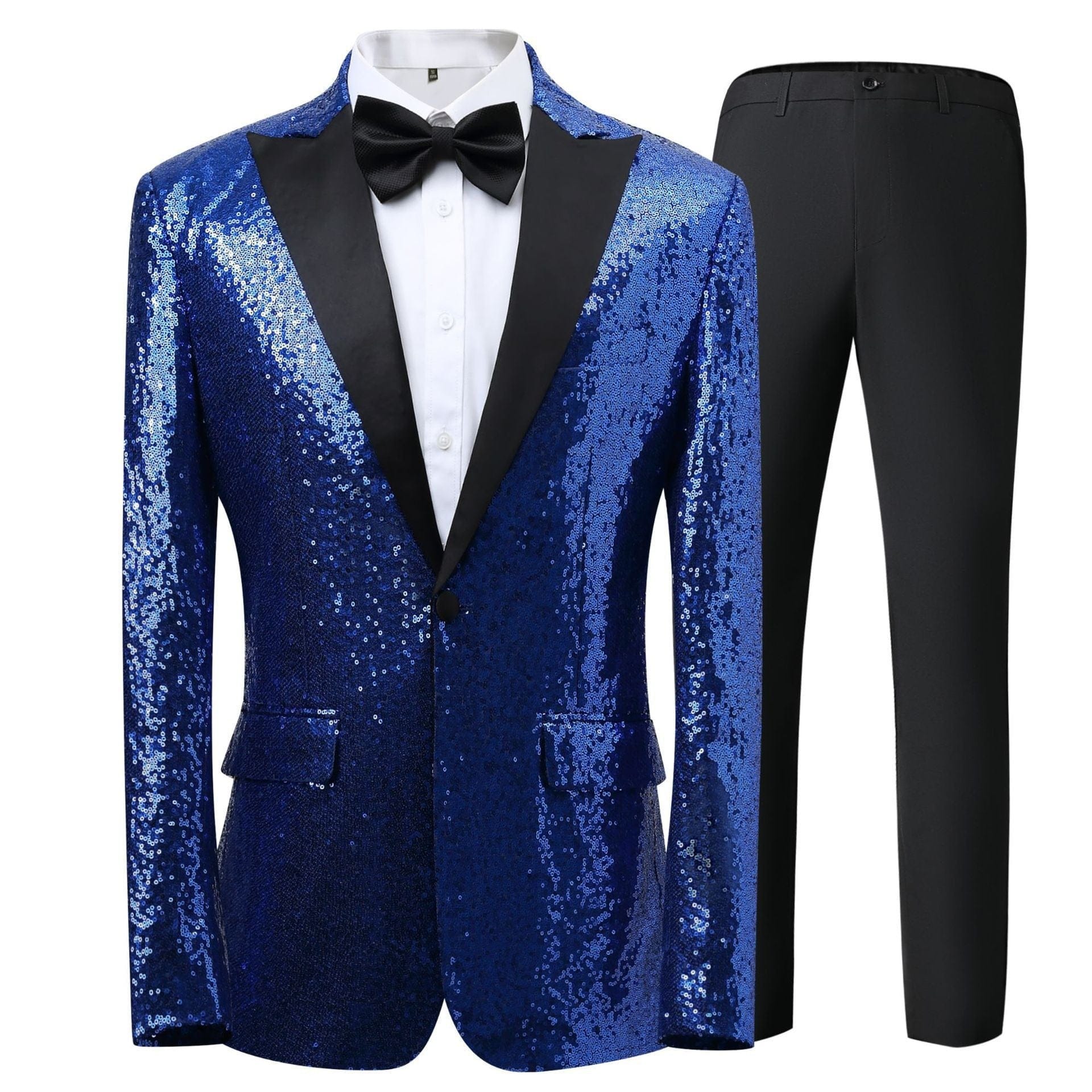 aesido Men's Blue Sequin Tuxedo Suit – Black Satin Peak Lapel Blazer & Pants