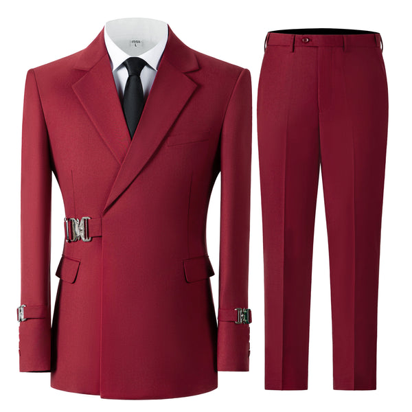 Men's Burgundy Two-Piece Suit with Buckle Accents Burgundy / 40R