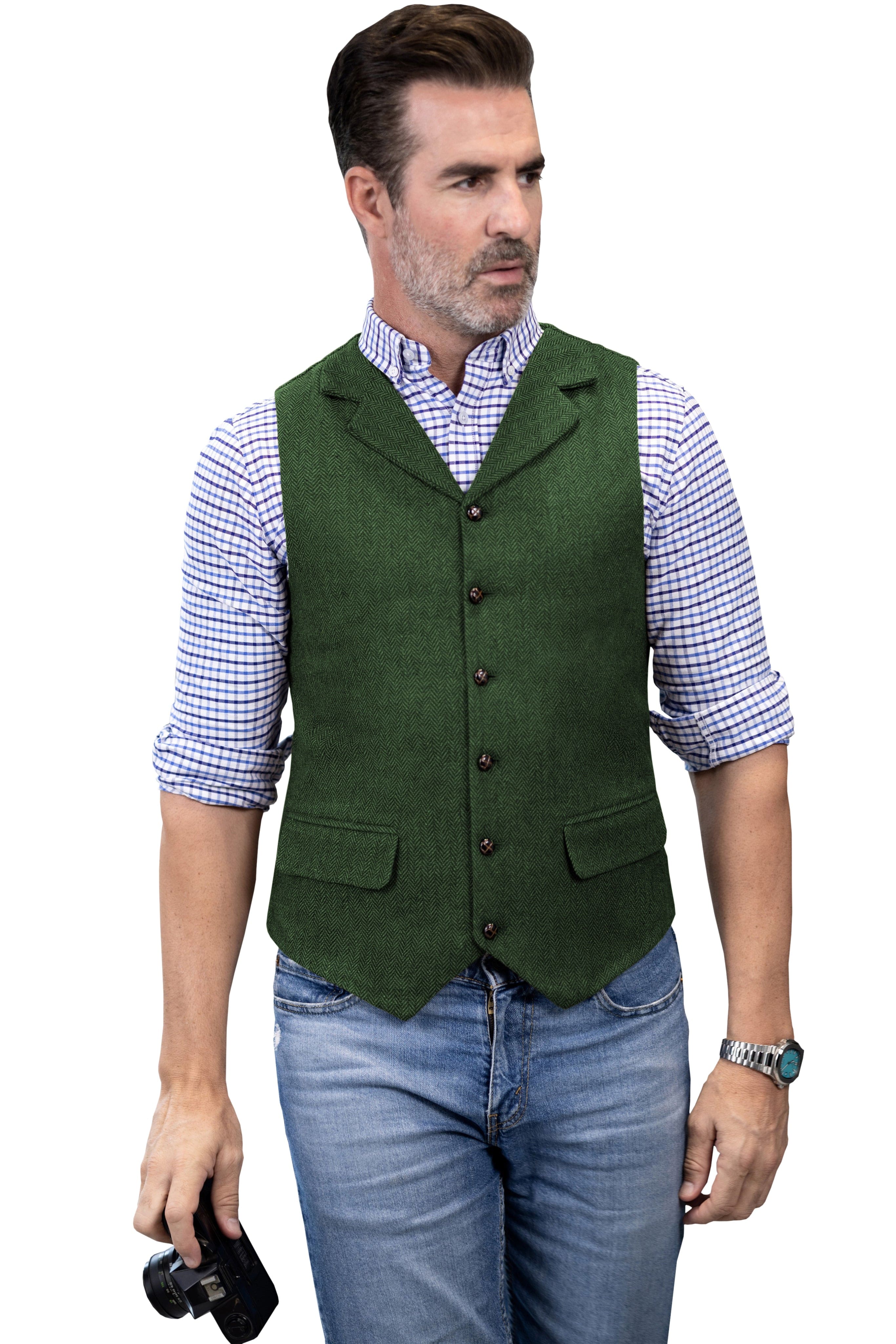Aesido Men's Herringbone Wool Blend Waistcoat Notch Lapel $79.99