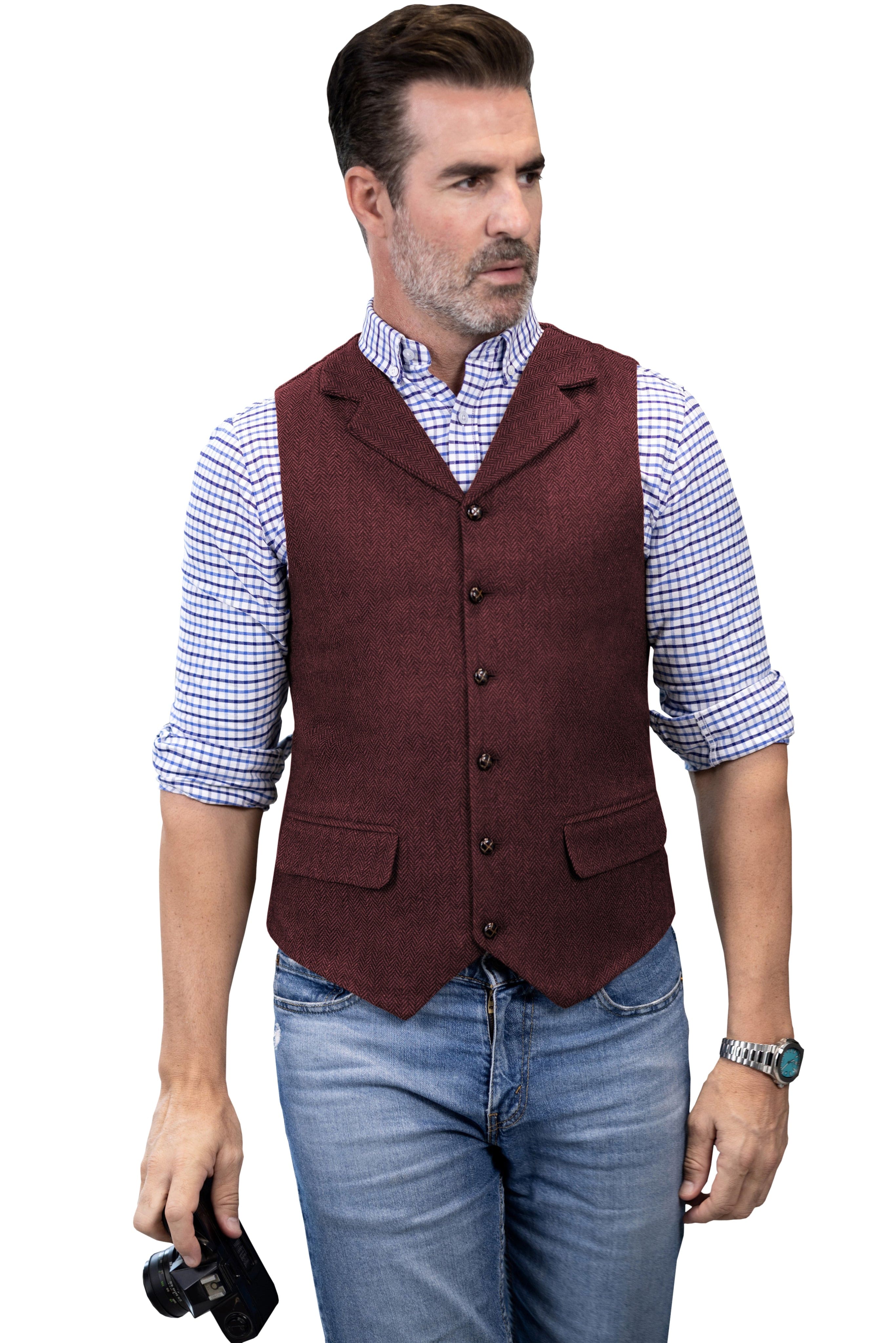 Aesido Men's Herringbone Wool Blend Waistcoat Notch Lapel $79.99