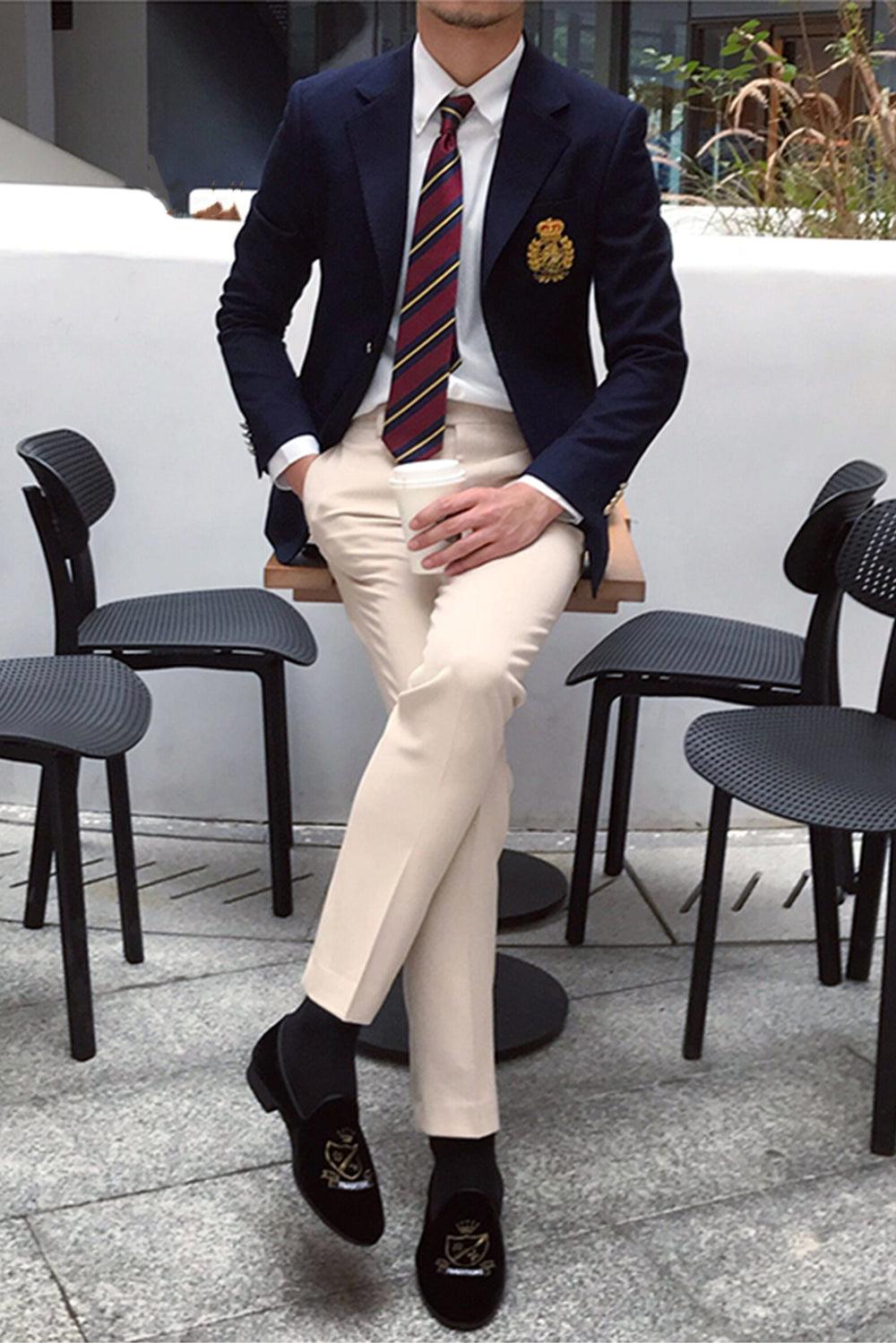 Navy Contrast Shawl Lapel  Velvet Men's blazer