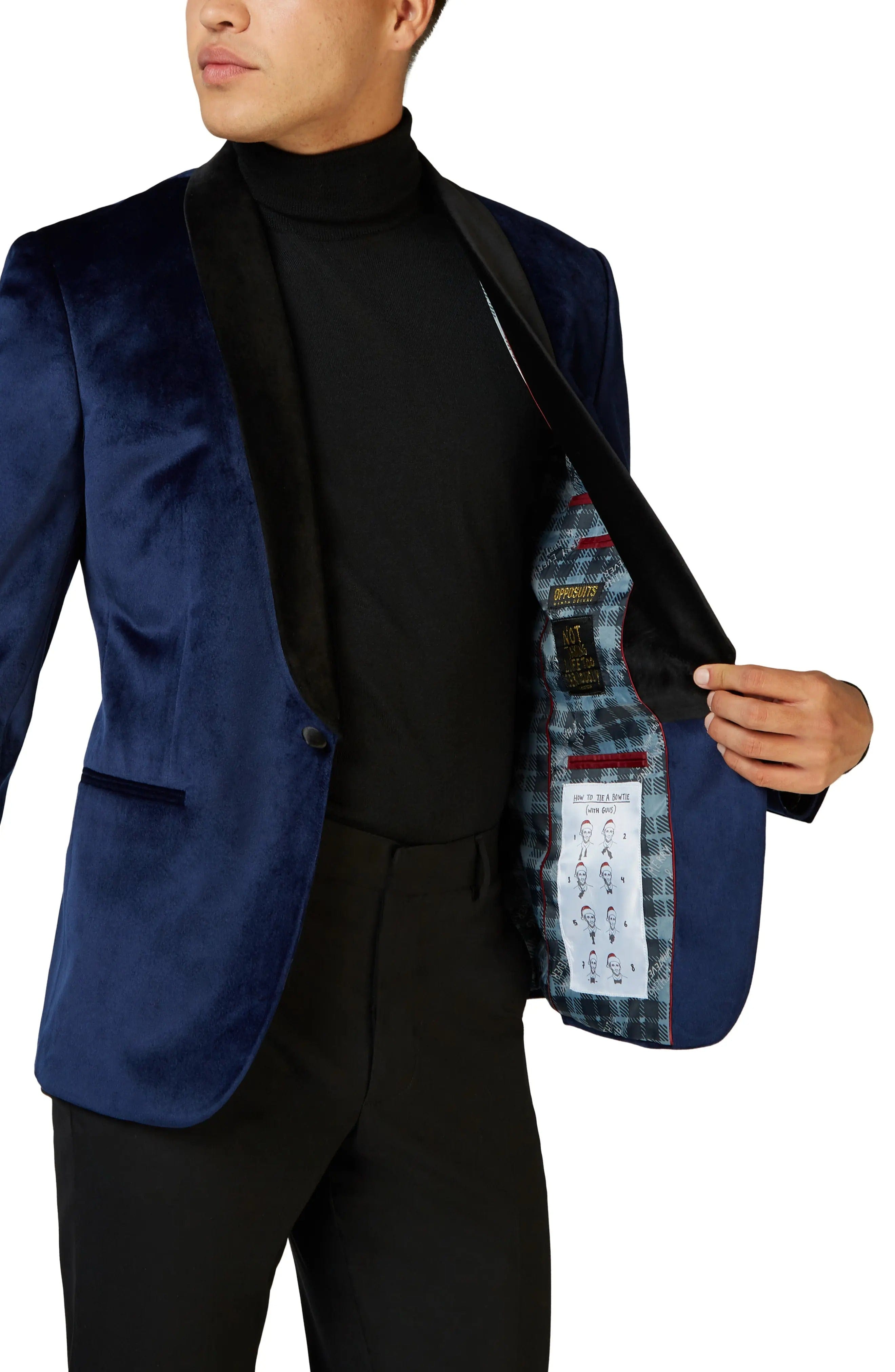 aesido Men's Deep Blue Velvet Blazer with Black Satin Shawl Lapel