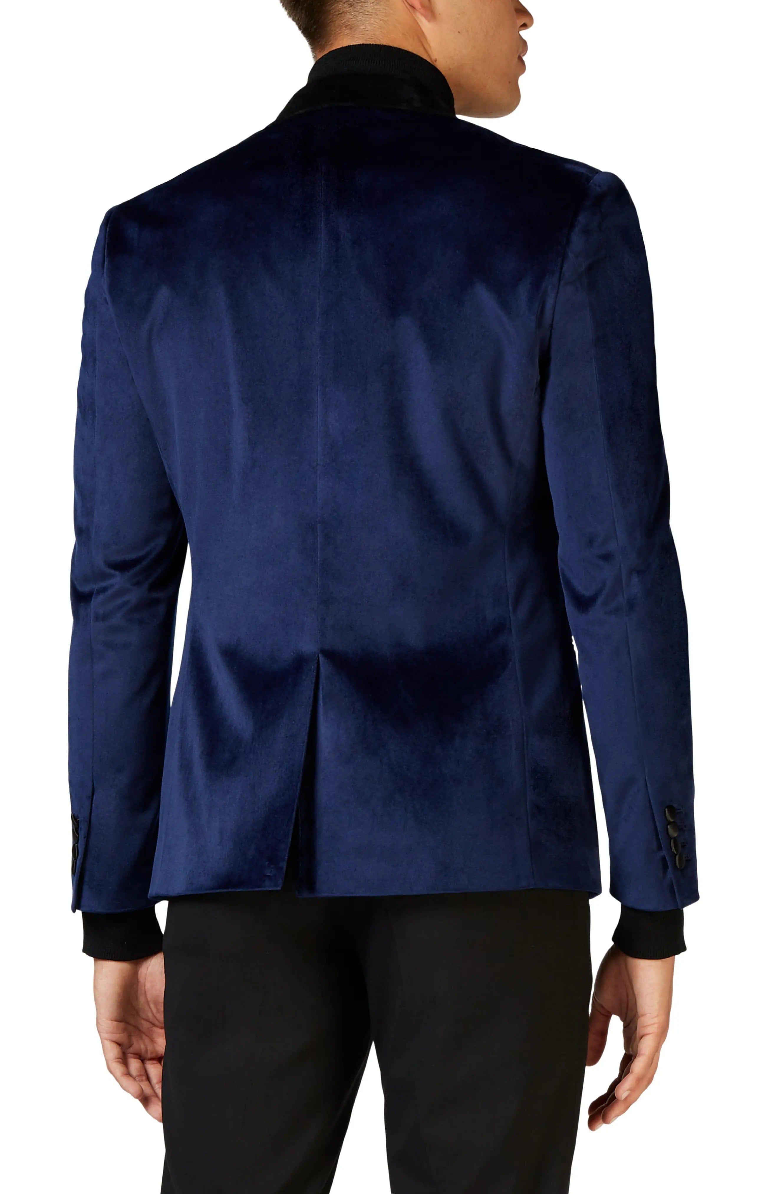 aesido Men's Deep Blue Velvet Blazer with Black Satin Shawl Lapel