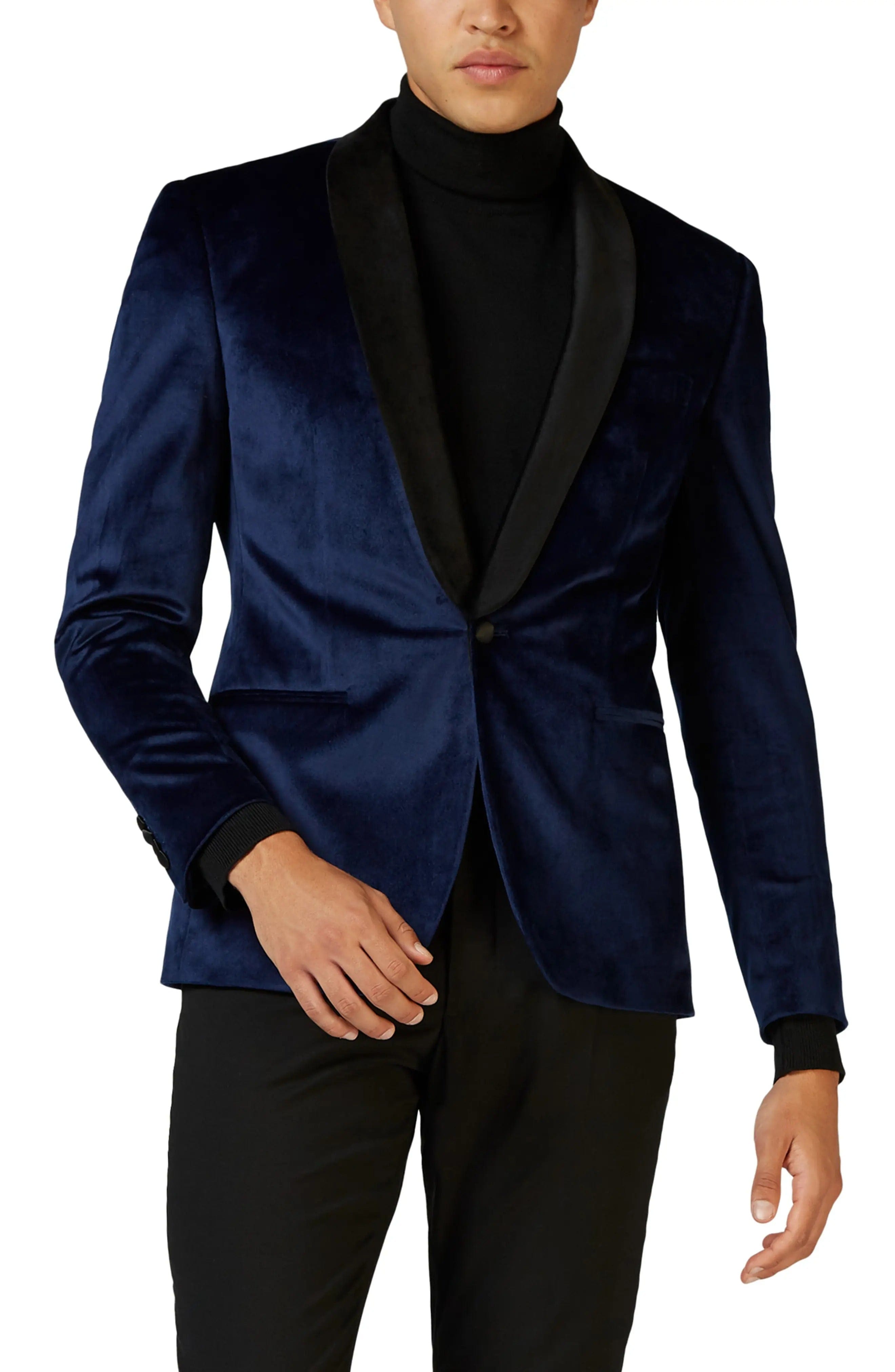 aesido Men's Deep Blue Velvet Blazer with Black Satin Shawl Lapel